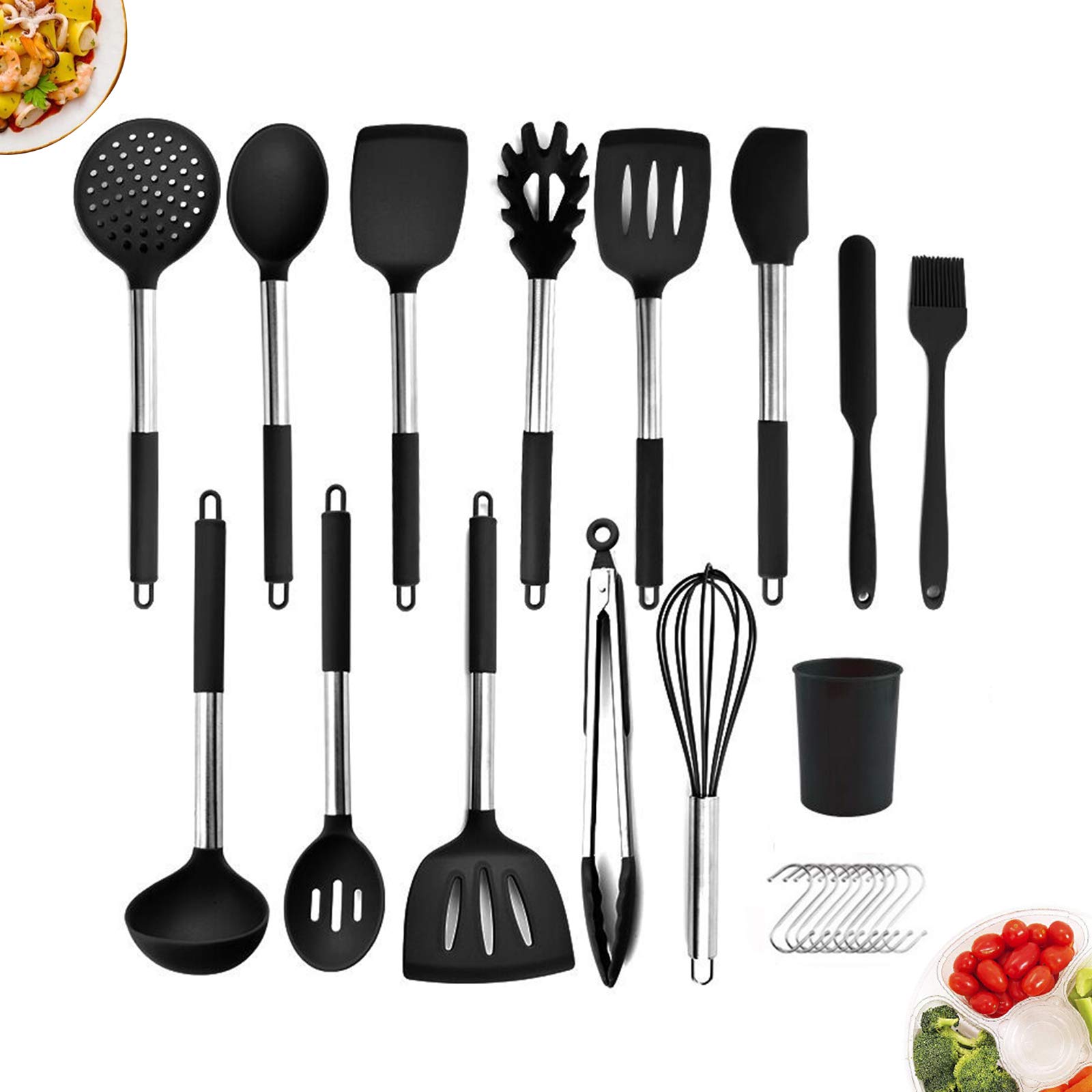Utensilios de Cocina de Silicona, 13 Piezas Juego de Utensilios de Cocina con Soporte para Utensilios y 13 Ganchos, Utensilios de Cocina Antiadherentes y Resistentes al Calor para el Hogar,Negro