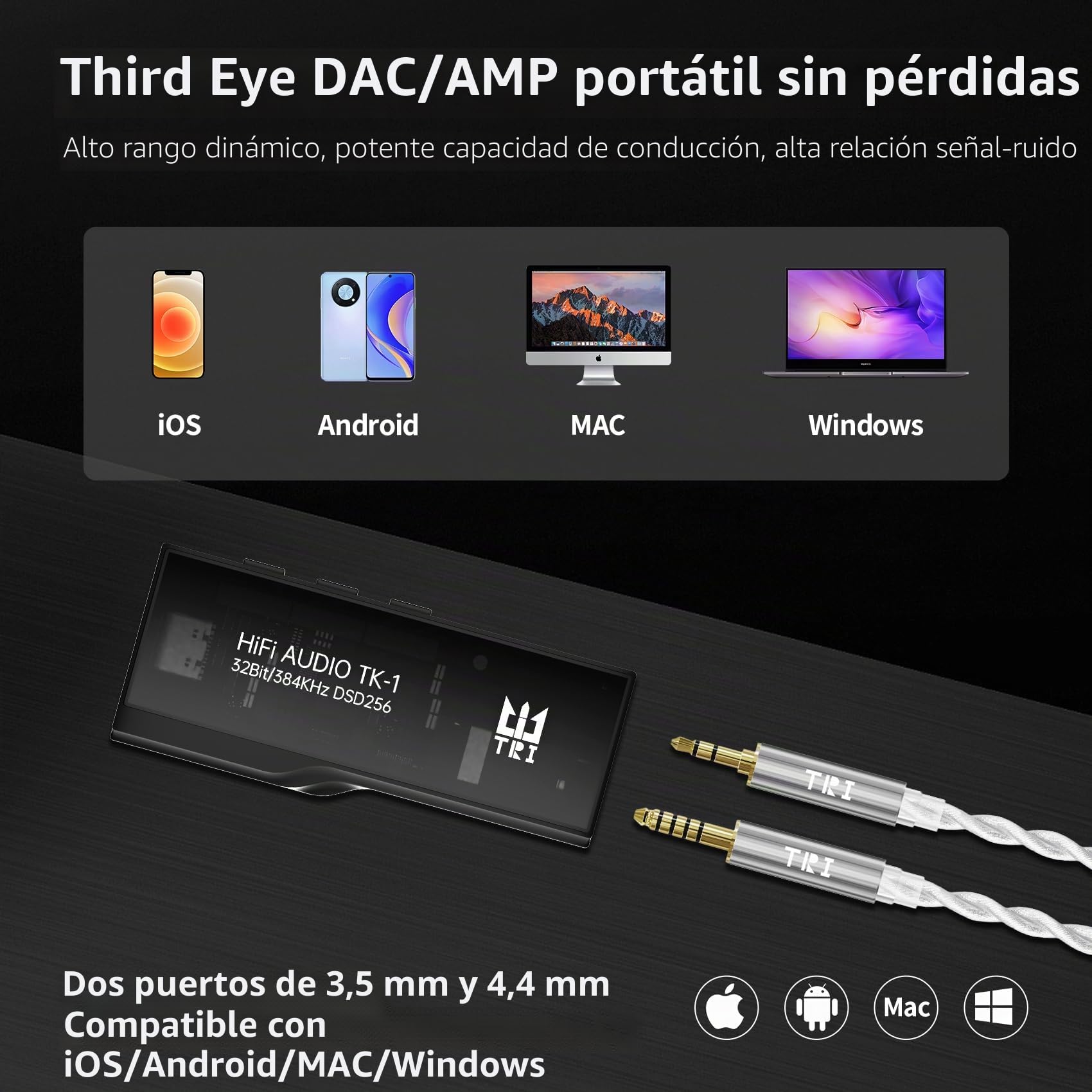 Yinyoo TRI TK1 Amplificador de Auriculares DAC Portátil con Chips Dual CS43131 de 32Bits/384kHz DSD256 Dongle DAC para Audio Hi-Fi con Cable Adaptador USB-C a USB-C para Conector de Auriculares de