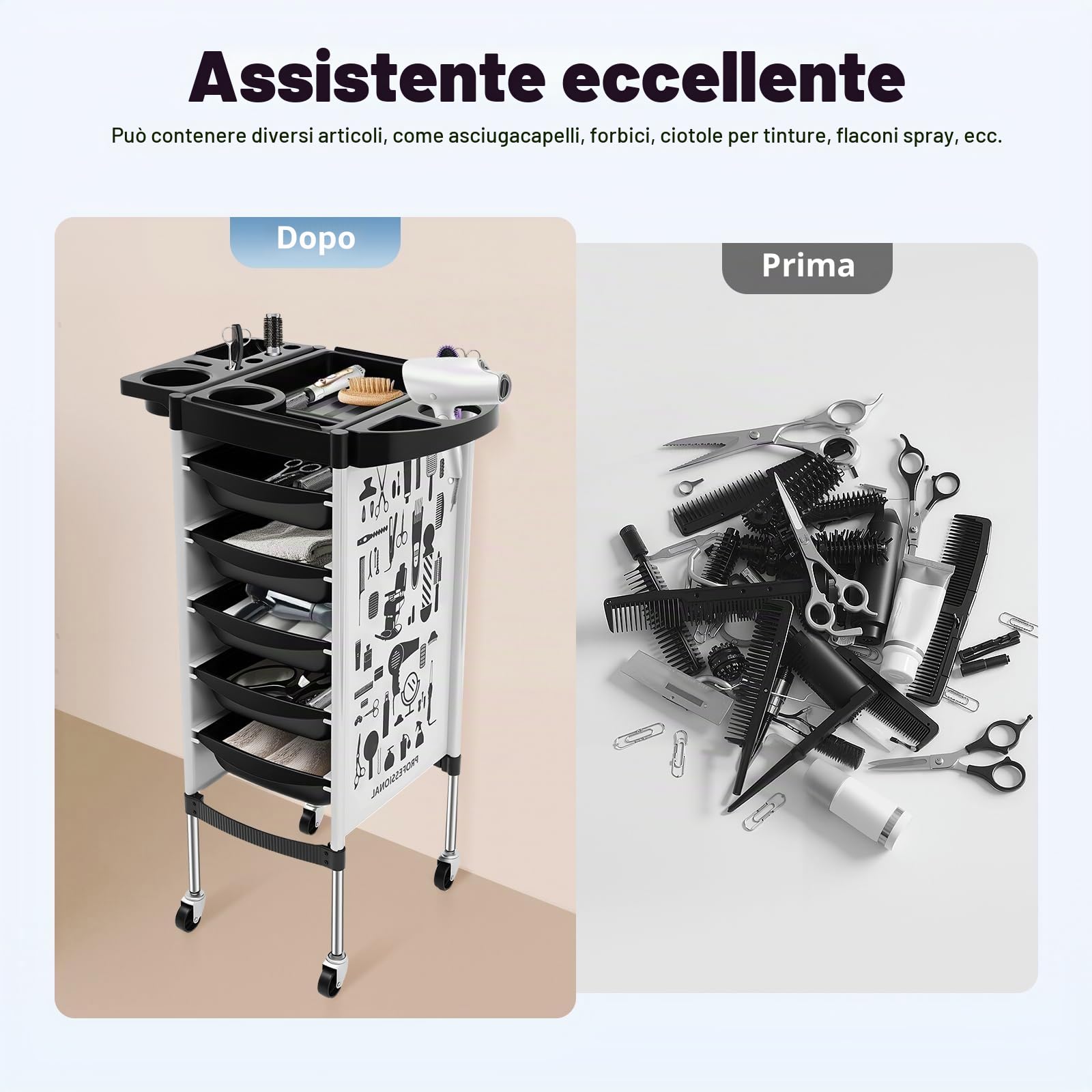 MINRS Carrello da parrucchiere, 52 x 36 x 90 cm, con 5 cassetti estraibili, per parrucchieri, parrucchieri, acconciature (bianco)