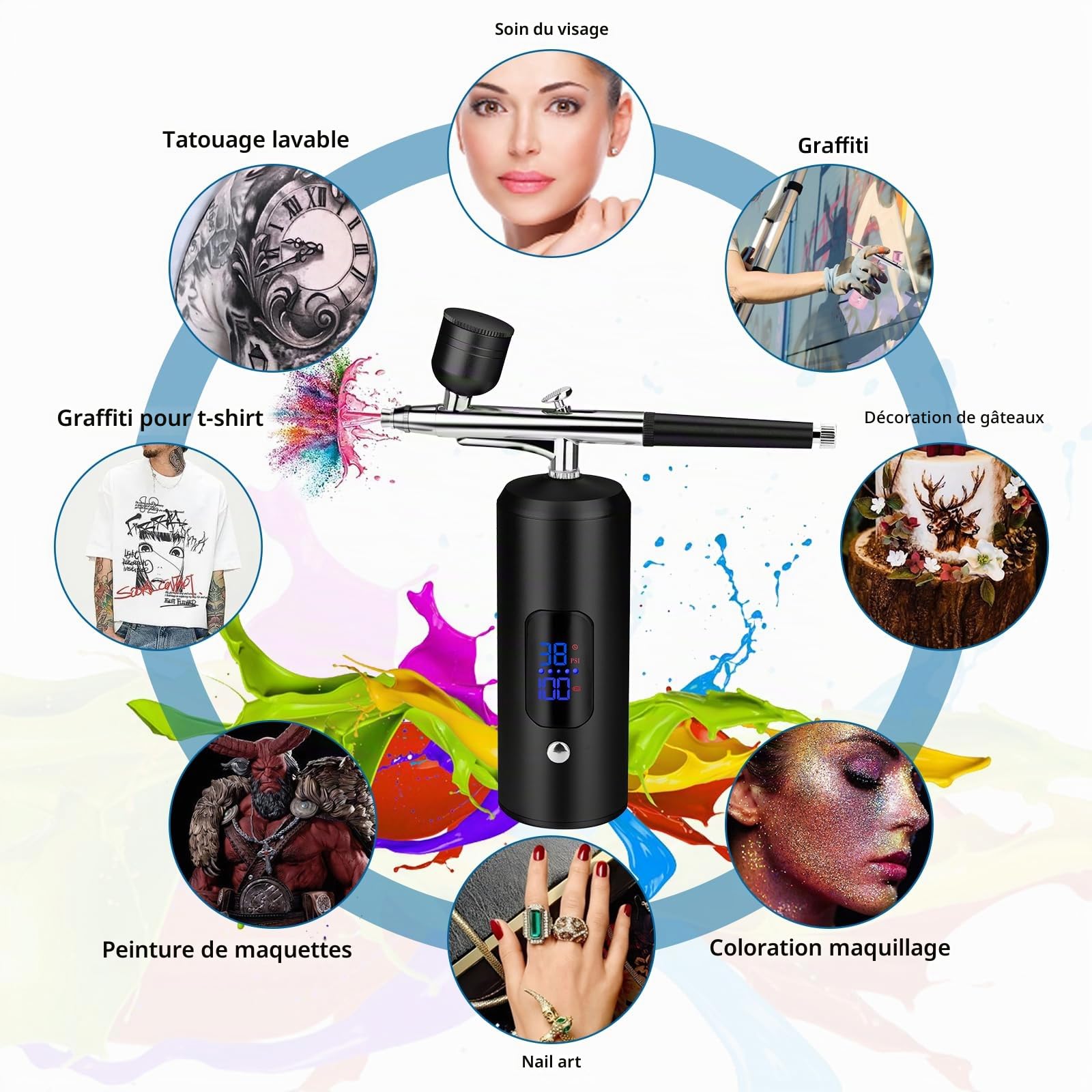 Daakro Kit aérographe sans fil avec compresseur 38 PSI pour décoration de gâteau, nail art, tatouages et peinture du visage