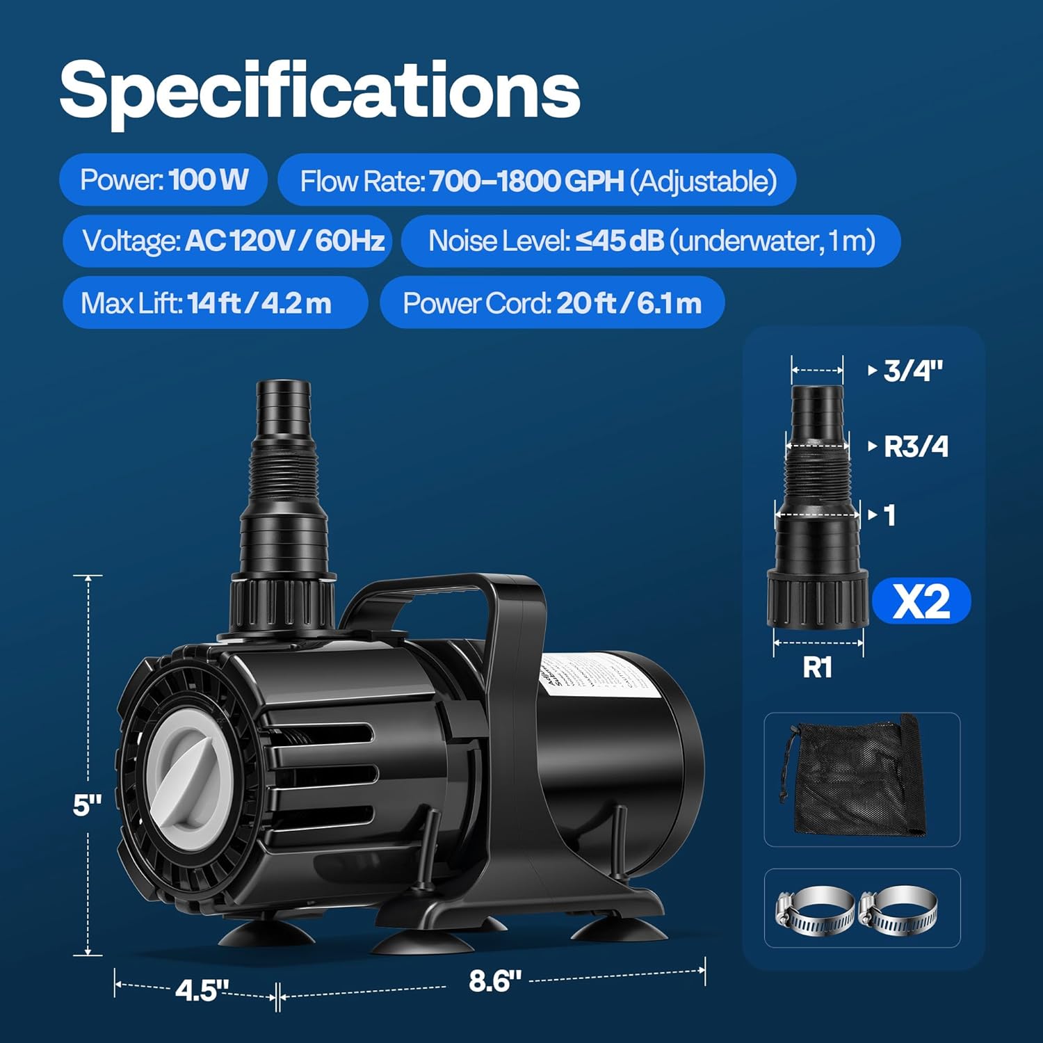 VIVOHOME 100W Adjustable Flow Submersible Water Pump, 700-1800GPH Stepless Flow Control, 14ft Max Lift, 180° Seamless Adjustable Nozzle and Barrier Pump Bag for Pond, Aquarium, Fountain, Waterfall