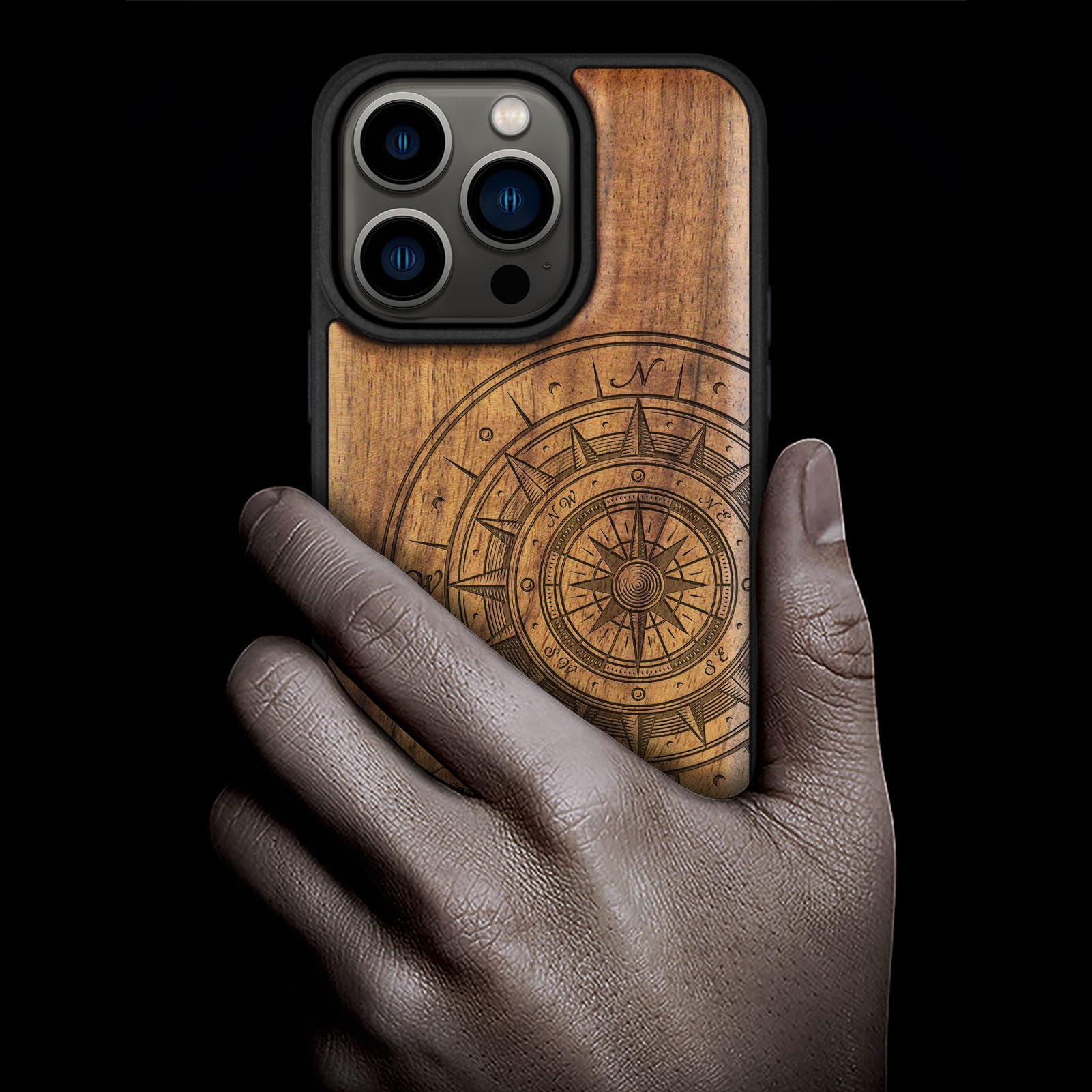 Carveit Designer Protective Case For IPhone 12 - Magnetic Cover With Wood Engraving & Shell Inlay - Compatible With IPhone 12 MagSafe - 6.1 Inch (Compass-Rosy - View #2