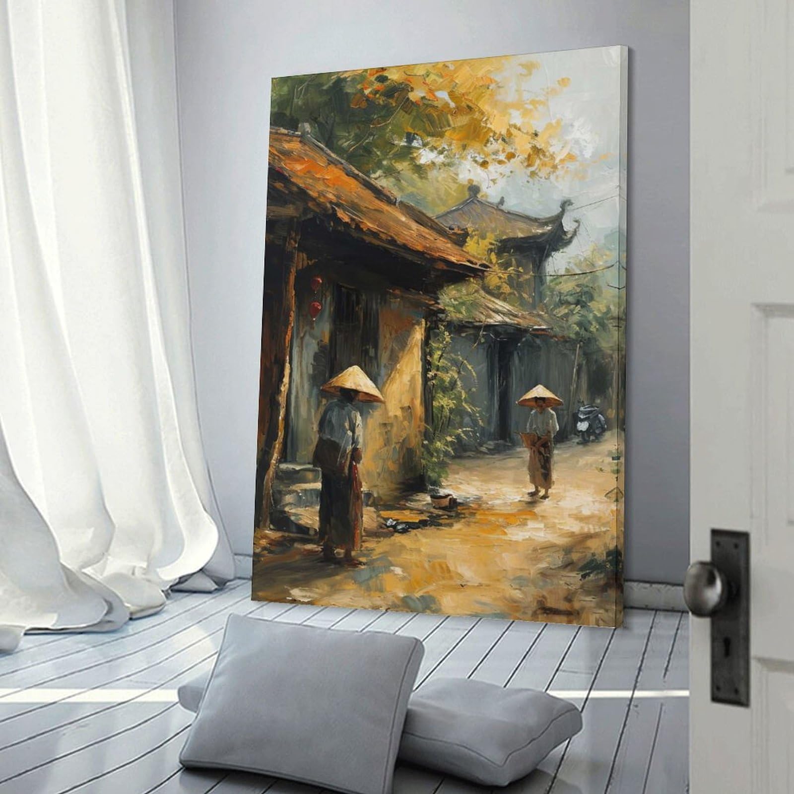 Junmoney Asian Village Oil Painting Canvas Wall Picture, 24x36inch(60x90cm), for Flats, Guest Rooms Or Compact Rooms, An Easy Choice for New Home Styling