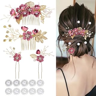 4er-Set Hochzeits-Haarschmuck für Damen, elegante Braut-Haarnadeln mit Blumenmotiven, 10 Spiralperlen-Haarnadeln für Bräute, Brautjungfern, Frauen und Mädchen (Rot)