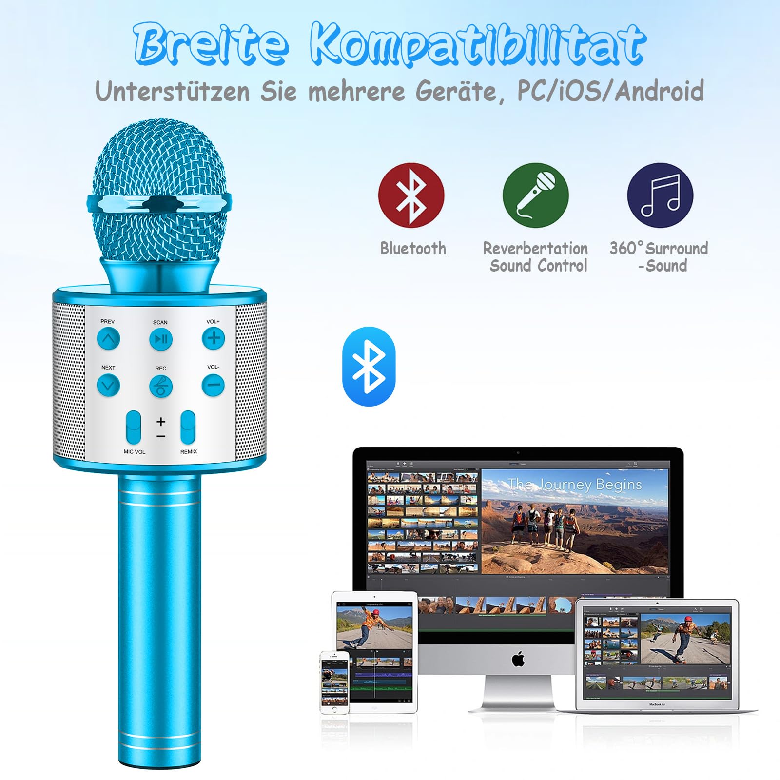 Micrófono Karaoke Bluetooth,Microfono Inalámbrico Karaoke con Altavoz y LED,Micrófono Portátil para Niños Canta Partido Musica,Dinámicos Juguetes para Niña,Soporte Youtube, Android/iOS/PC/A (Azul) — view 3