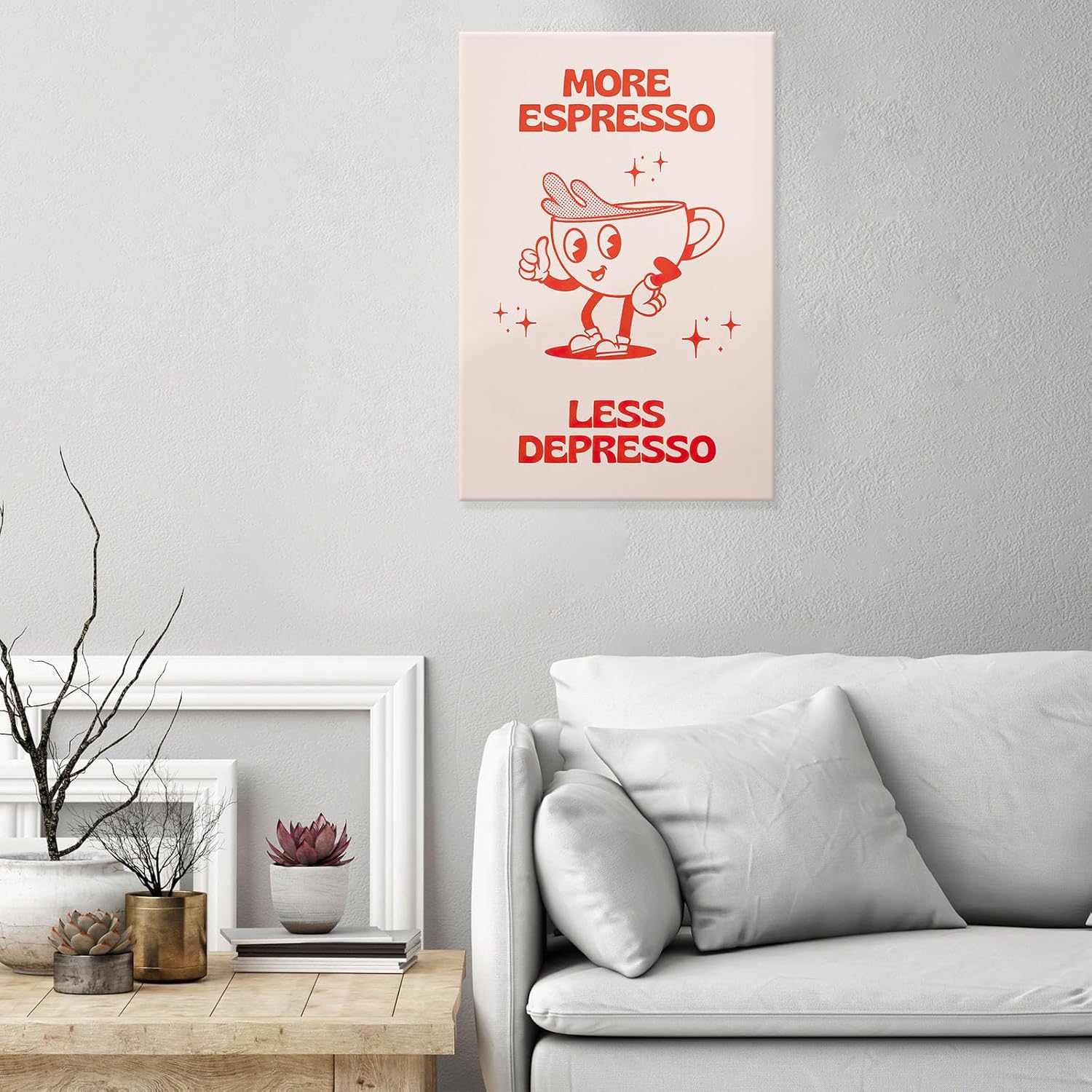 Retro More Espresso Less Depresso Poster Cute Cartoon Coffee Cup Red Quotations Wall Art Funny Trendy Aesthetics Decor Home Living Room Restaurant Coffee Shop Wall Print Canvas 12x16inch Framed