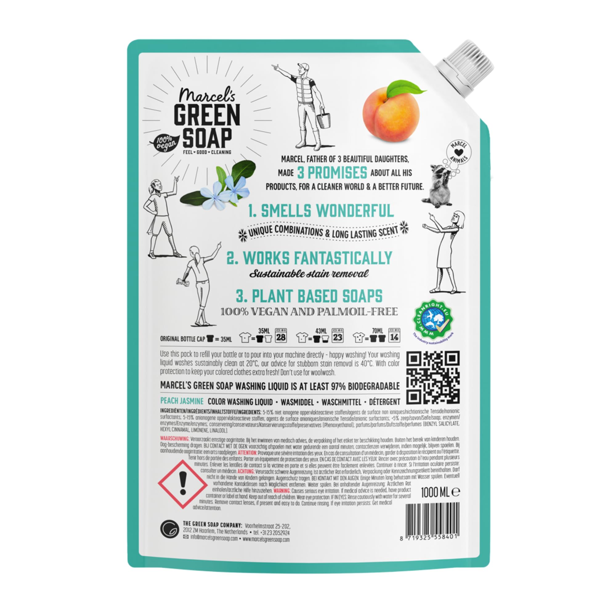 Marcel's Green Soap Farbwaschmittel Nachfüllpack Pfirsich & Jasmin – Nachfüllbeutel – Farbige Wäsche - Vegan - Mikroplastikfreie Formel - 92 Waschgänge - 1L (4er Pack)