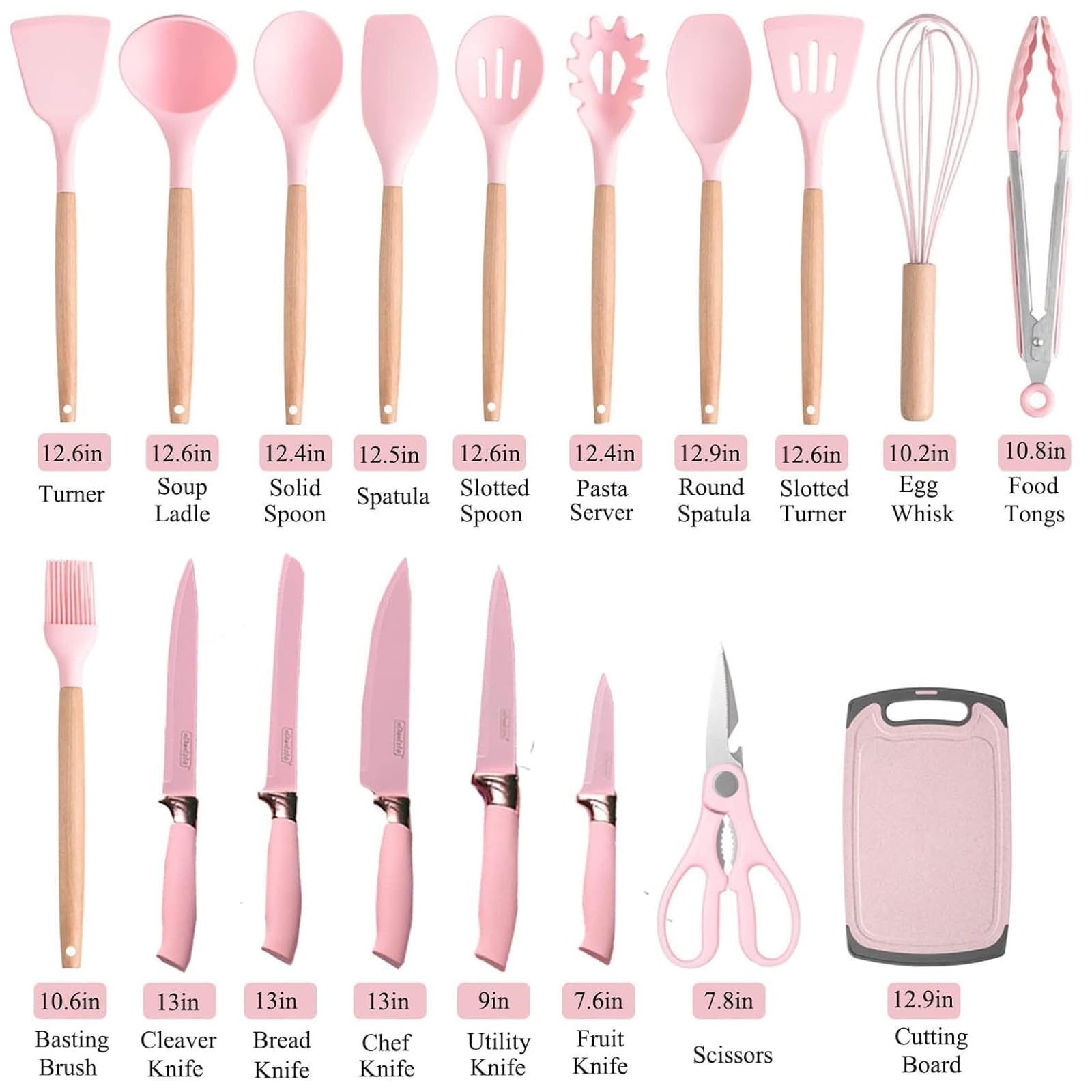 Justup Set di coltelli con blocco portacoltelli, set di coltelli da cucina rosa con blocco, 19 utensili da cucina con 6 set di coltelli e 11 spatola in silicone, utensili da cucina antiaderente con