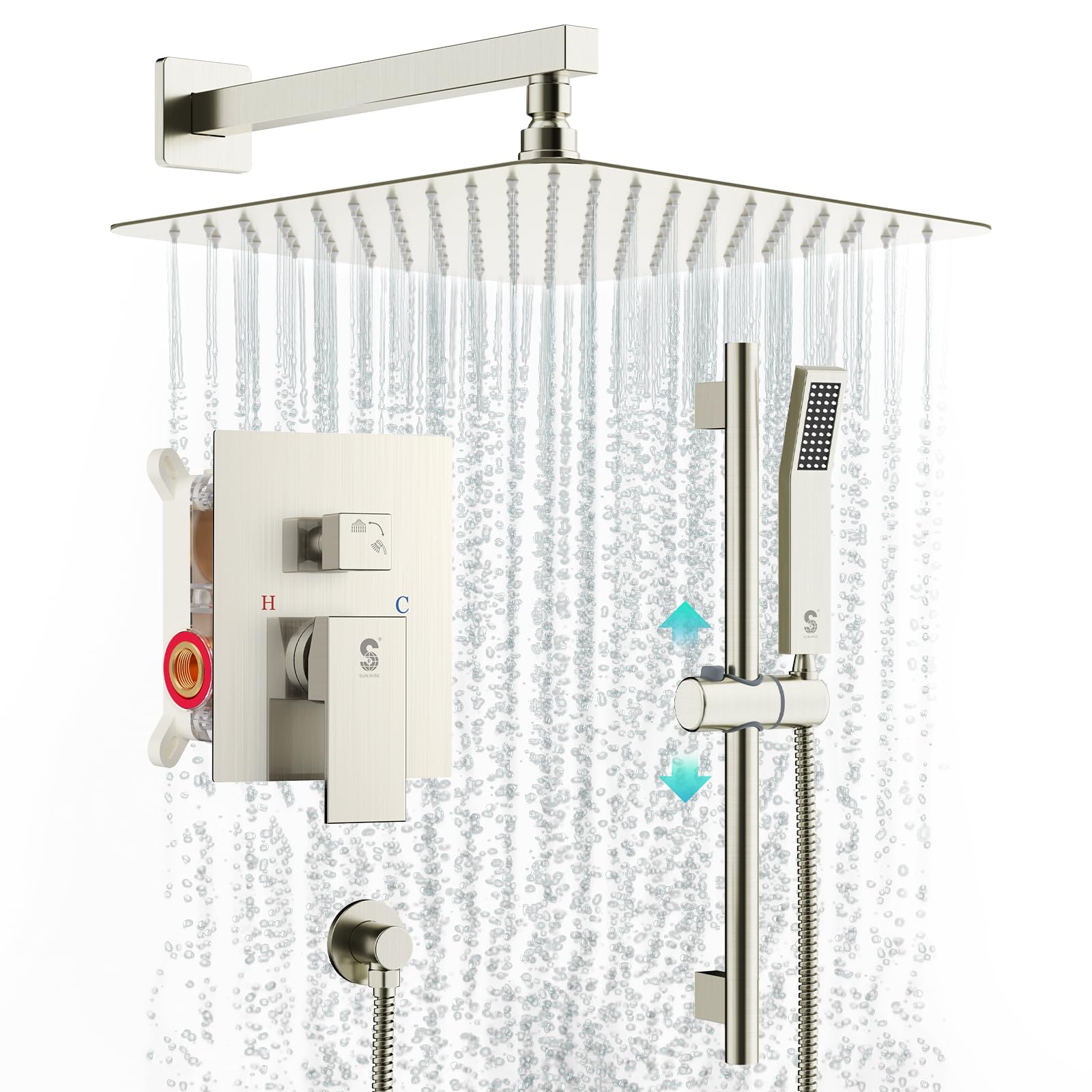 SR SUN RISE Shower System with 10" Rain Showerhead, Square Handheld Showerwith 16-Inch Slide Bar and 71-Inch Hose, Wall Mounted Shower Faucet Set Included Valve and Trim Kit, Brushed Nickel