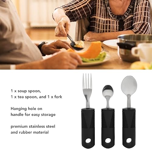 Miniatura 2 de 3 utensilios adaptativos, suministros especiales, utensilios adaptativos, cuchara y tenedor de acero inoxidable con mango de goma ancho, utensilios