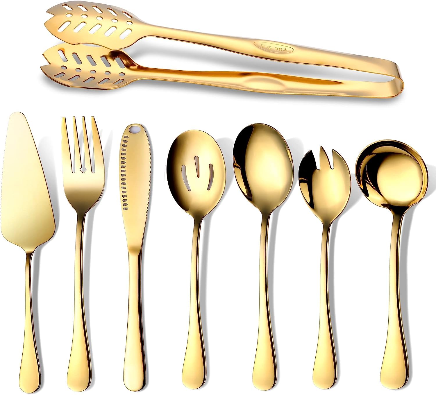 OGORI Juego de cubiertos dorados de 8 piezas, cubiertos de acero inoxidable, incluye cuchara de servir, cuchara de sopa, servidor de pasteles, tenedor, tenedor de ensalada, cuchillo de mantequilla