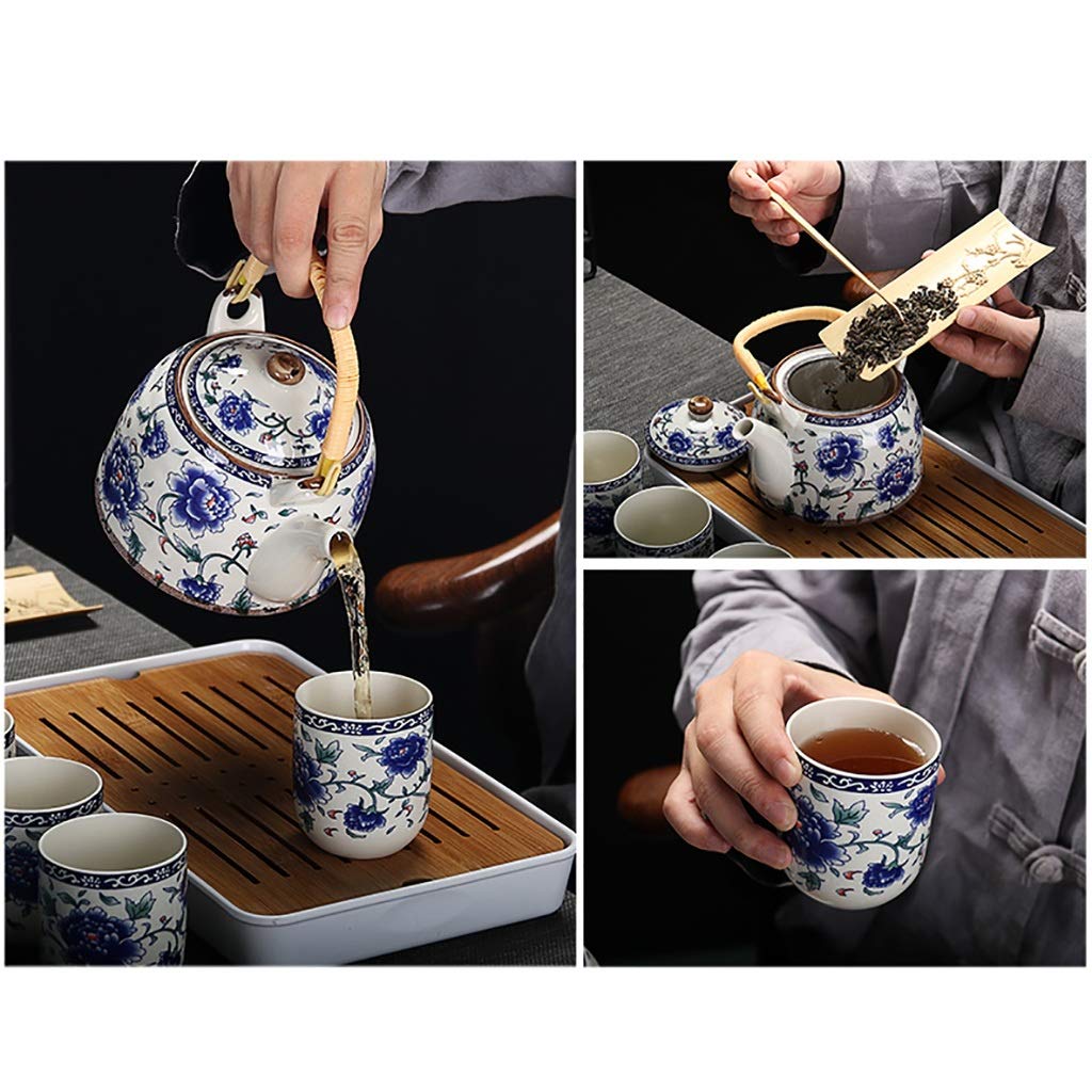 Set da tè Teiera in Ceramica Travi Cinesi Casa retrò Bottiglia d'Acqua Fredda Blu e Bianca Vassoio da tè Secco Kungfu Semplice Set da 8 Pezzi(B