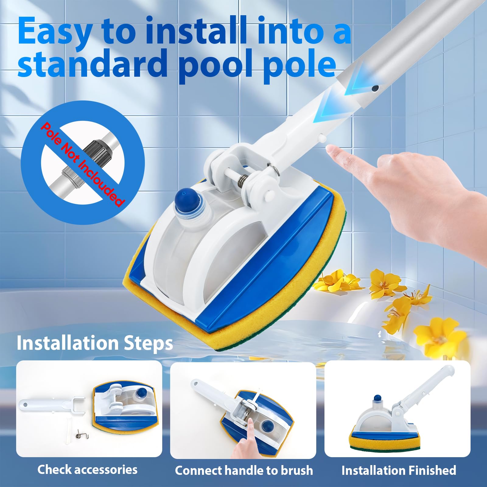 KGC Handheld Pool Scrub Brush with a Replacement Sponge, Pool Must Have Scouring Sponge Pad - Non-Scratch Cleaner for Pool Tile Grout, Vinyl Liners, Spas, Hot Tubs, Kitchen & Bathroom Tub Shower - 2