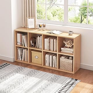 NELYE 8-Cube Oak Bookcase Storage Organizer - Open Shelf Cubby for Books Toys with Fabric Bins, Stackable Easy Assembly