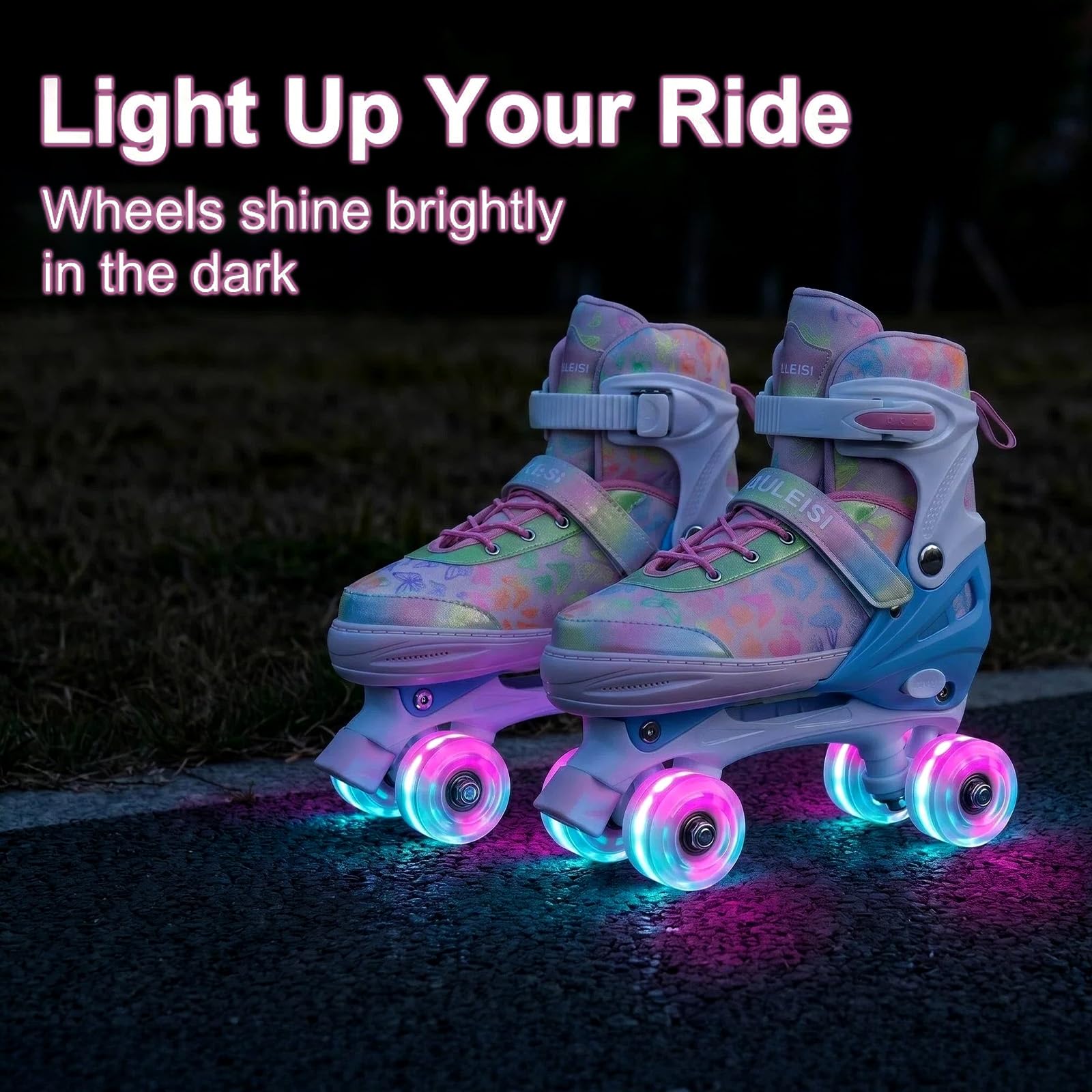 4 Sizes Adjustable Kids Roller Skates for Girls Boys Indoor Outdoor Sports, Butterfly-Pink, Small-Little Kids - Image 5