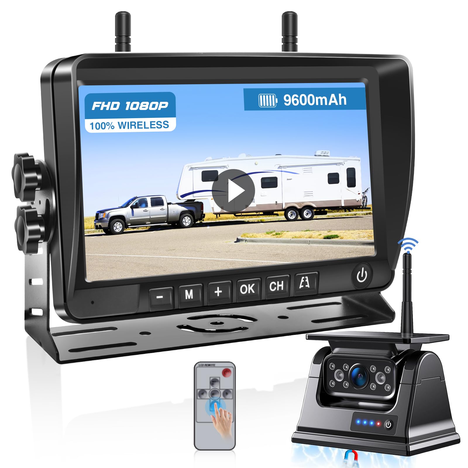PARKVISION Kit Caméra de Recul sans Fil Solaire 1080P - Écran IPS 7" avec Batterie 9600mAh, Caméra Recul Magnétique - Vision Nocturne pour Camping-Car, Camion, Véhicule Utilitaire (2 Entrées Vidéo)