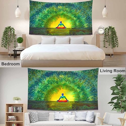 Miniatura 4 de Pznen Tapiz estético de yoga de 80 x 60 pulgadas, para relajarse, calmar, sonreír, ser feliz, silueta humana, sentado, yoga, chakras, color para