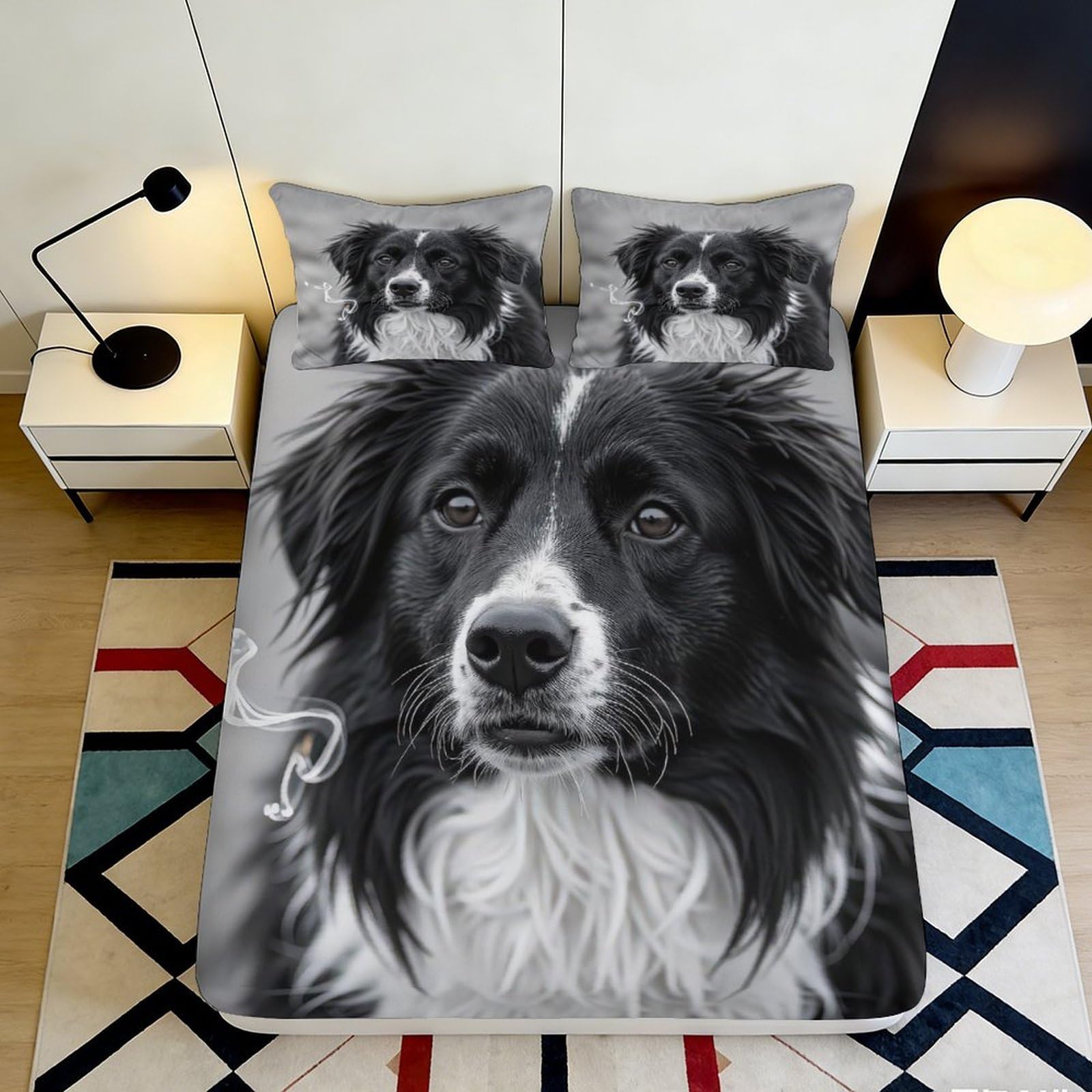 3D Printed Black White Border Collie Fitted Sheet Microfiber Soft Dog Portrait Bed Cover for Bedroom Guest Room Decor Anti-Slip 90x200x25cm