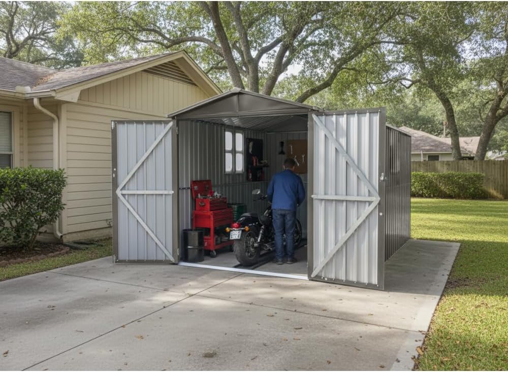Outdoor Motorcycle Storage Shed with Window, No Tracks or Fixtures, Grey Weatherproof Storage Box for Sports Equipment, Tools and Home Organization - Easy Assembly