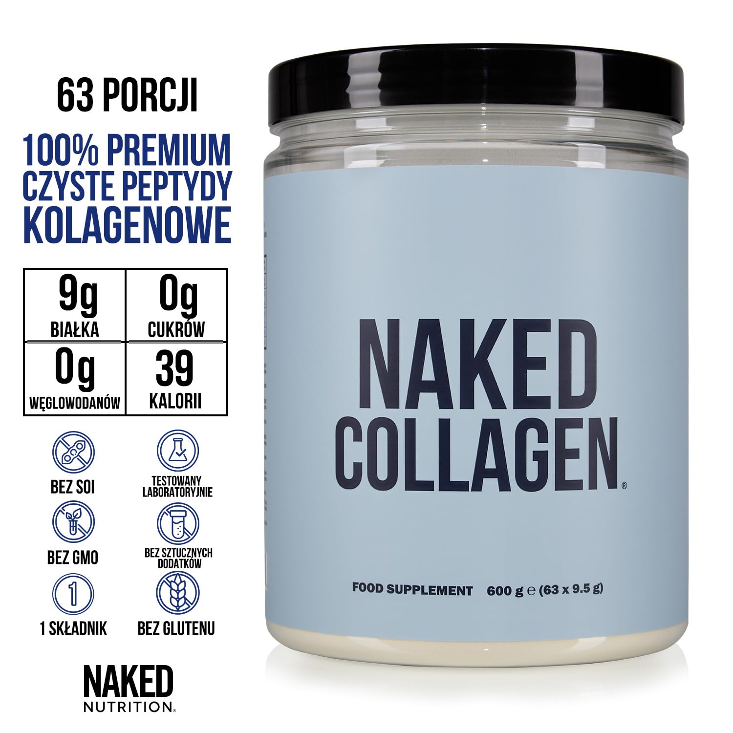 NAKED Collagen - Peptydy kolagenowe w proszku, 63 porcje, hodowane na pastwisku, bezsmakowy suplement z hydrolizowanego kolagenu pochodzącego od zwierząt karmionych trawą, zgodny z dietą paleo, 600 g