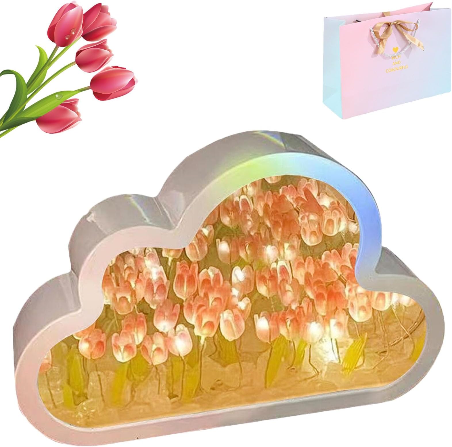 Alkyne Forever Cloud Mirror Tulips, DIY Tulip Night Light Cloud Tulip Mirror Night Light, Simulation Flower TableLamp (Pink)