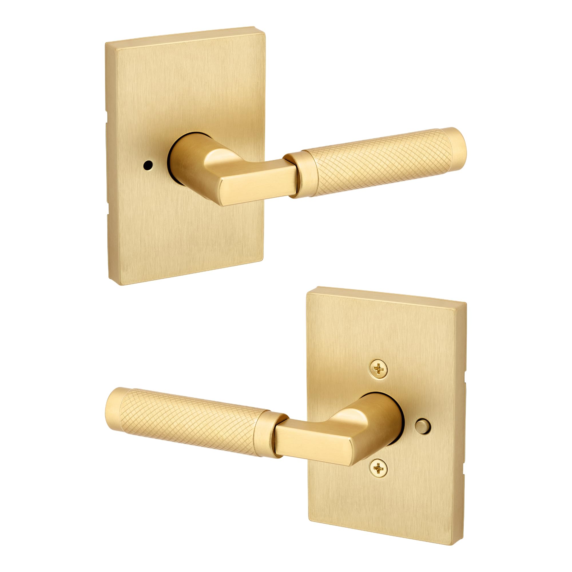 Kwikset Prava Interior Privacy Door Knurled Handle with Lock, Door Lever for Bathroom and Bedroom, Satin Brass, Reversible Keyless Push Button Lock Door Lever, with Microban Protection