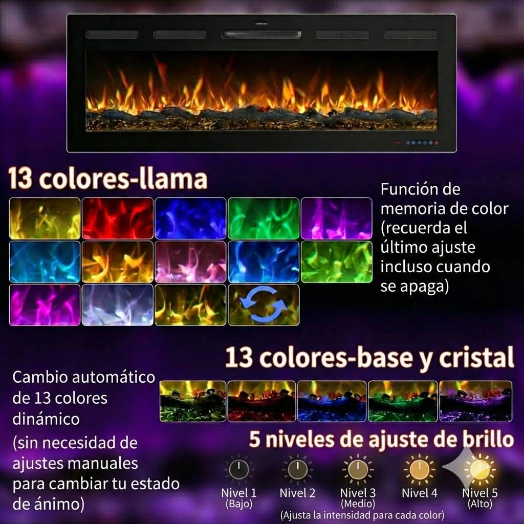 Chimenea Eléctrica Galaxy Pro con WiFi, Alexa y Google Home | Empotrar, Pared o de Pie | 750/1500W | 13 Colores Llama LED | 5 Niveles de Brillo | Sonido Crepitante | Sin Humo | Termostato | 152 cm