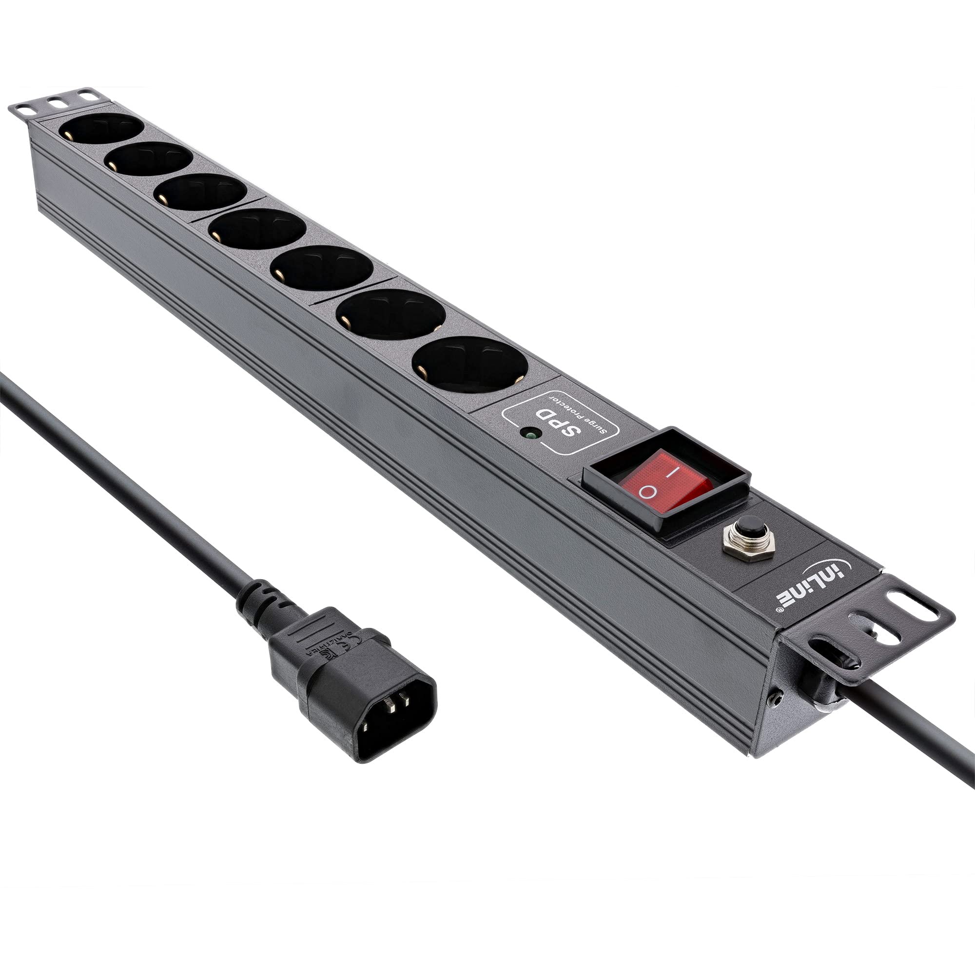InLine® 19" Steckdosenleiste, 7-Fach Schutzkontakt, C14 Anschluss, ÜSS, Überlastschutz