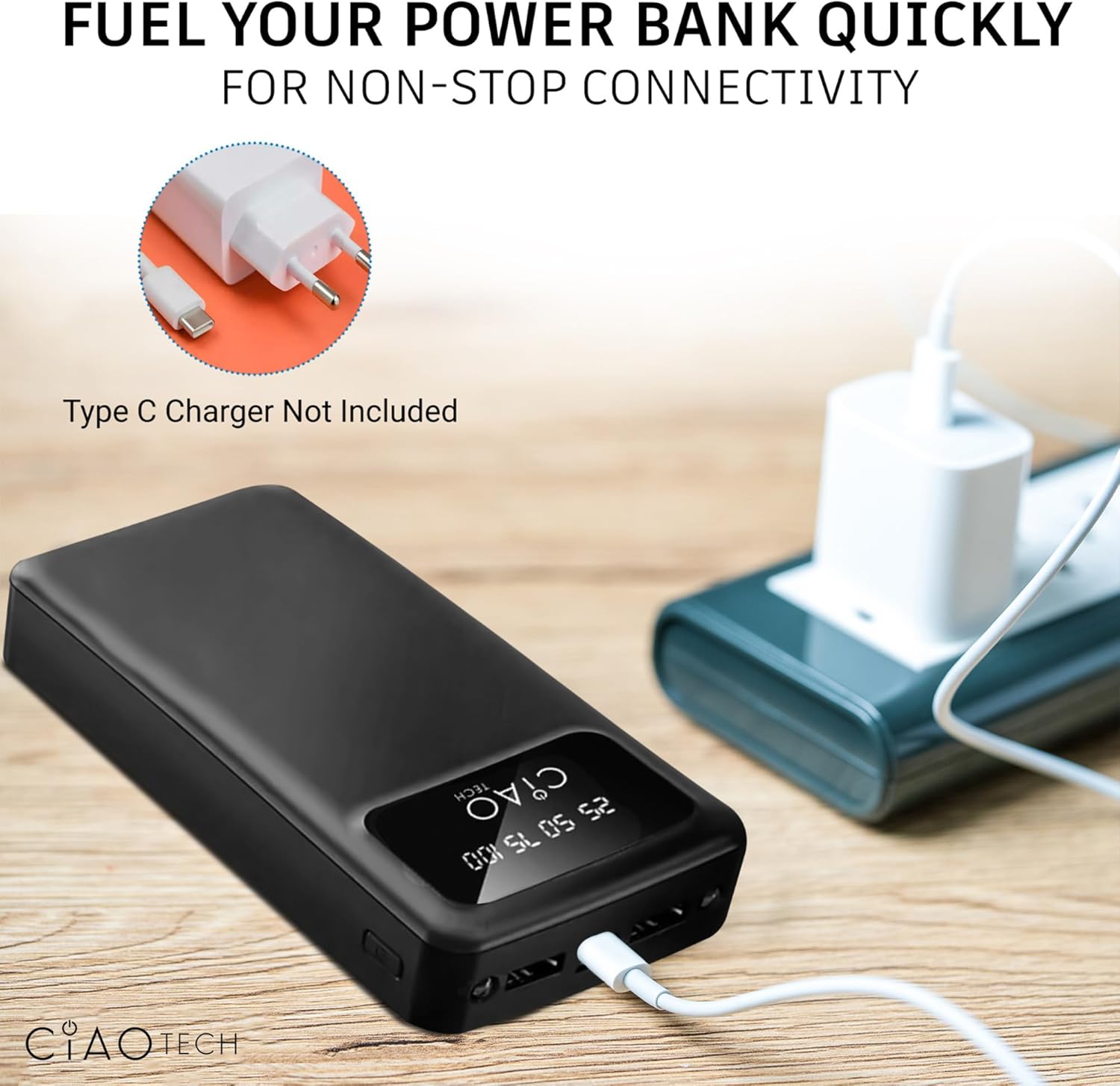 CIAO TECH Portable Charger Power Bank being recharged via a wall adapter