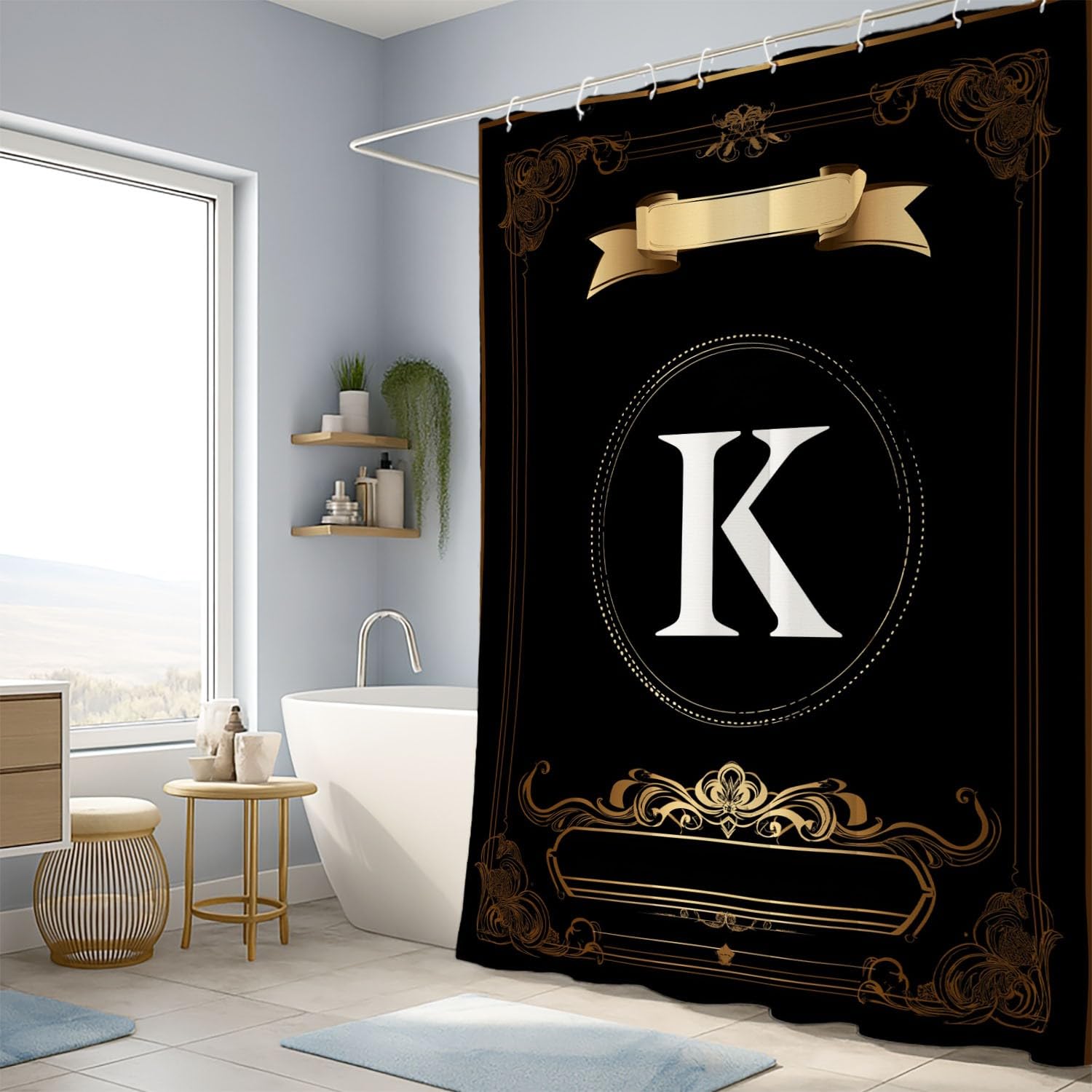 Modern Elegant Duschvorhang 200H x 240B cm Verfeinert Luxus Verziert Schriftrollen-Muster Buchstaben Wasserdicht Duschvorhang für Badezimmer, Badewannen Maschinenwaschbar, Schnell Trocknend