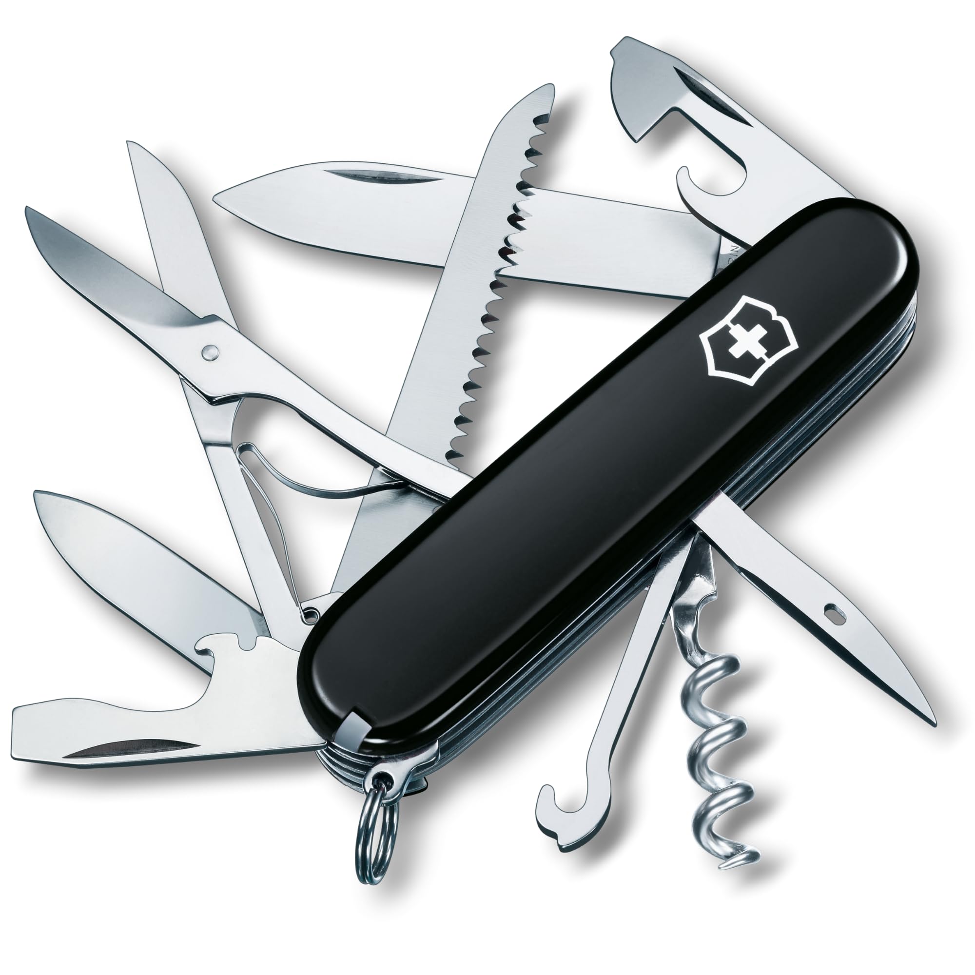 Victorinox Huntsman Taschenmesser, Multitool Swiss Army Knife 15 Funktionen | Offiziersmesser mit Holzsäge, Schere und Korkenzieher. Ideal für Outdoor und Alltag, Schwarz, 91 mm Länge. Aus ABS/Cellidor