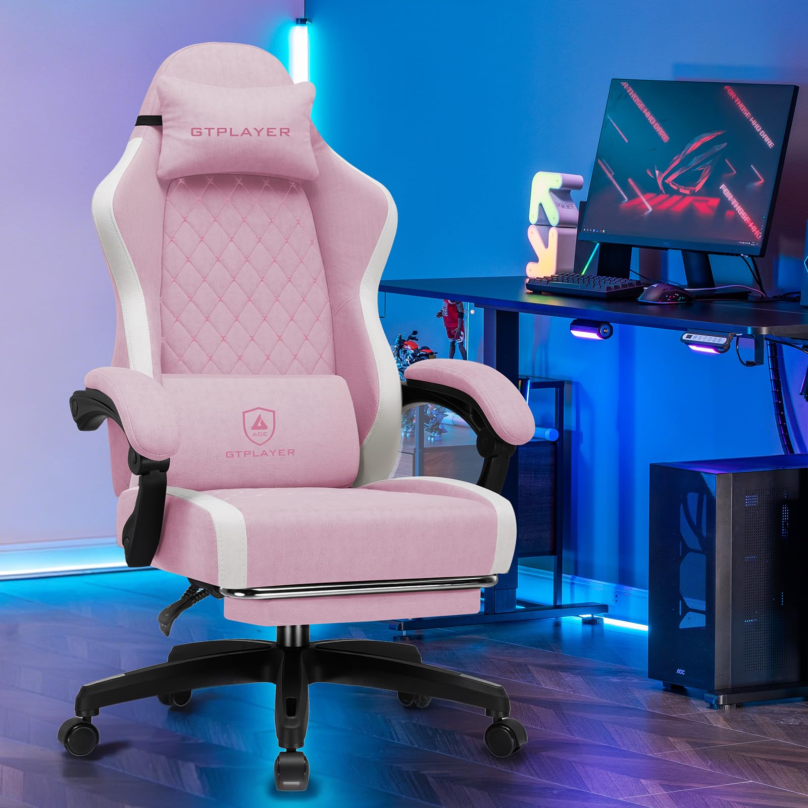 GTPLAYER Silla de Gaming ergonómica, Silla de Oficina de Tela Transpirable, Grande y Alta, giratoria, con reposapiés, Soporte Lumbar Regulable y reposacabezas, Rosa
