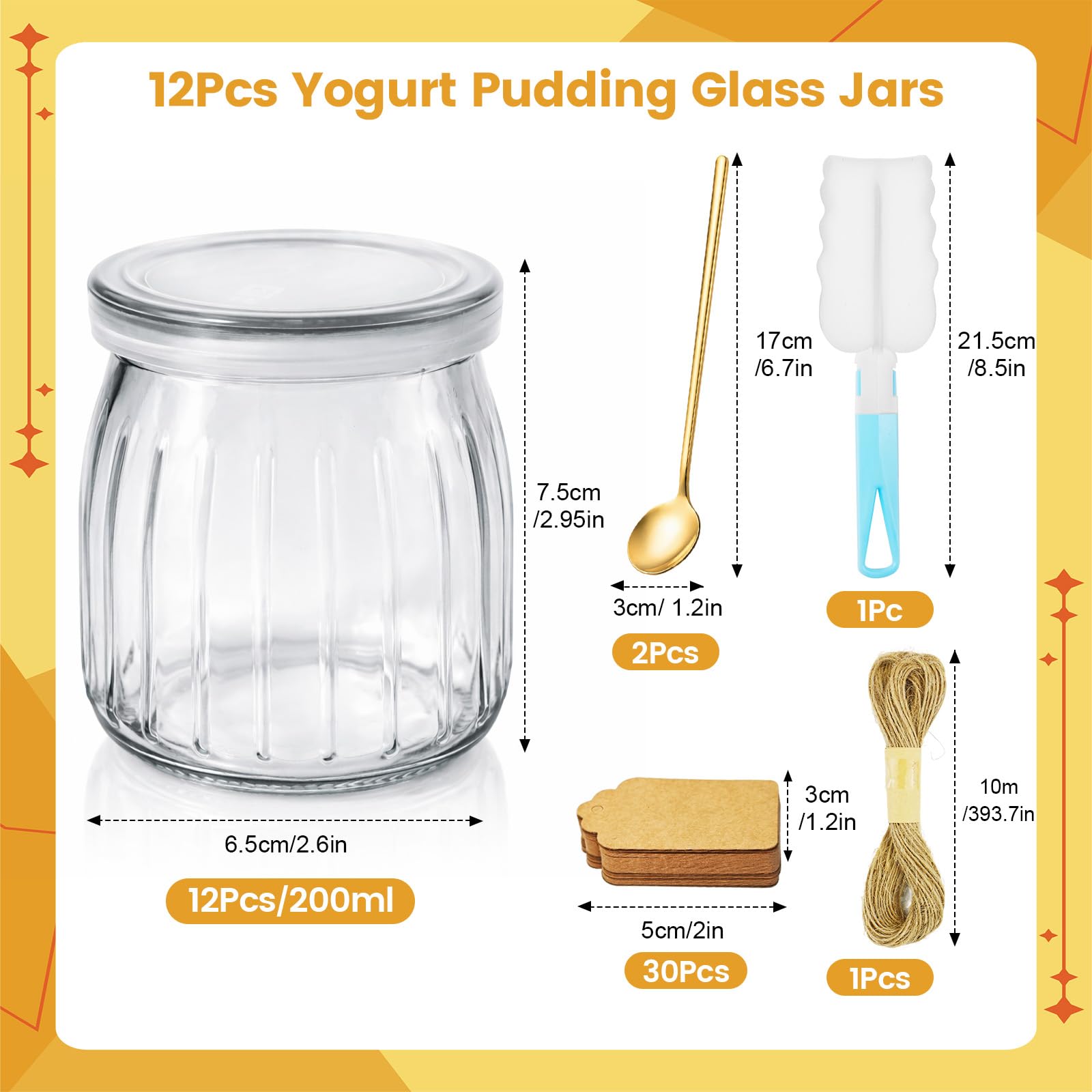 12 Stück 200ml Durchsichtige Joghurtgläser mit Deckel und Löffel, Mehrzweck Dessertgläser für Marmelade, Desert Gläser Set Glas, mit Etikette, Bürste, Seil für Joghurt, Honig