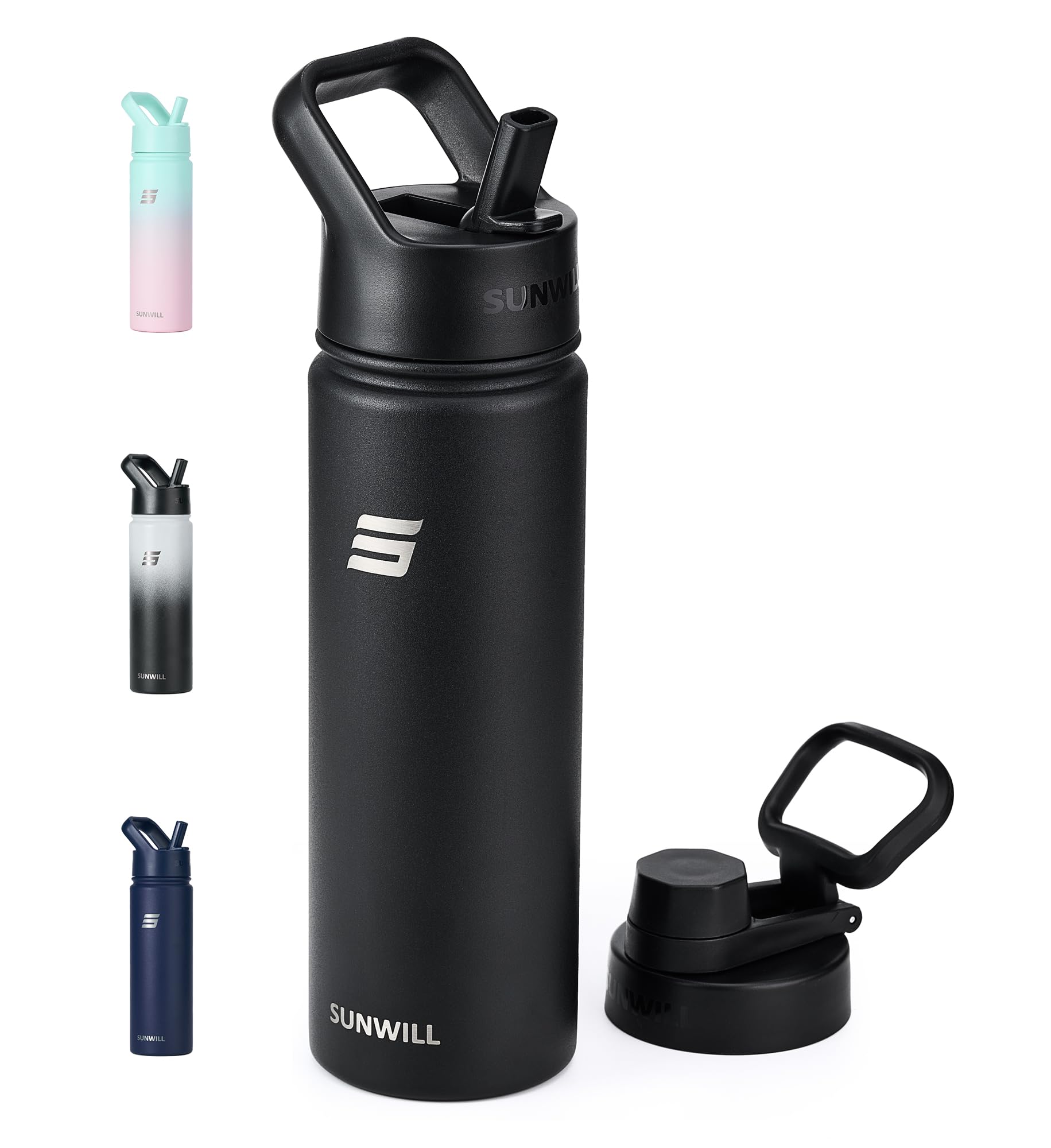 SUNWILL Metal Water Bottle with Straw Stainless Steel, 650ml Insulated Leakproof Thermal Flask for Cold and Hot Drink Travel