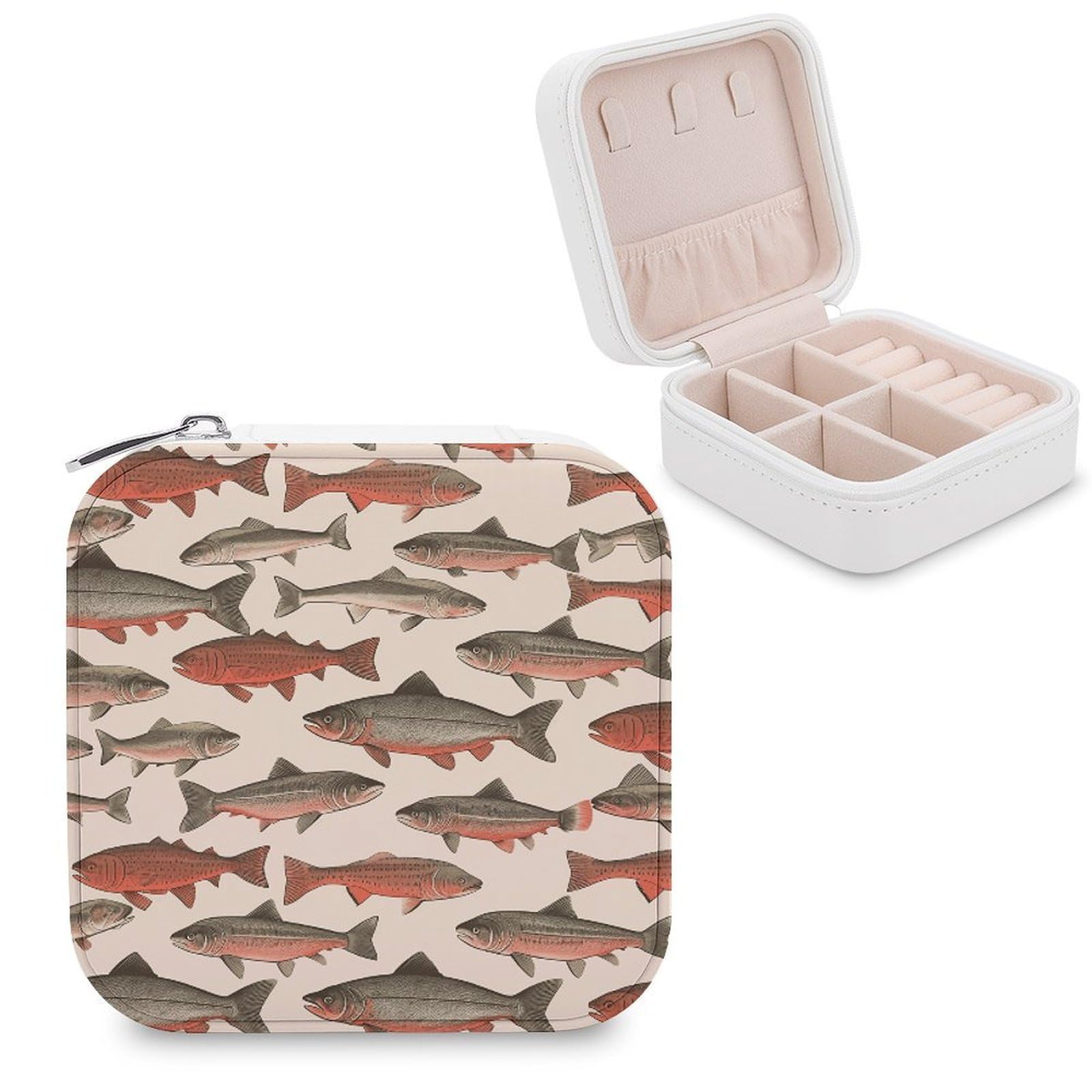 VstaDank Salmon Travel Jewelry Case Zipper Portable Small Jewelry Box Custom Pu Leather Mini Traveling Jewelry Organizer for Rings Earrings Necklace Bracelet Girls Women