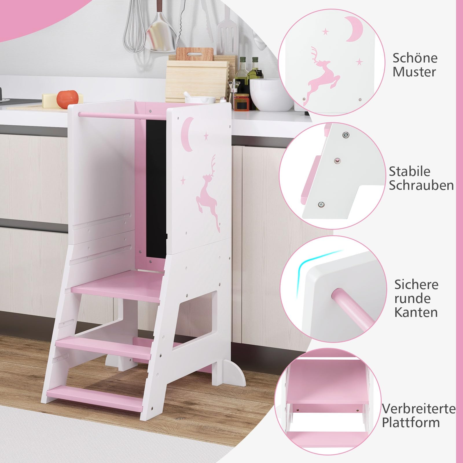 GOPLUS Lernturm Kinder, Mehrzweck-Tritthocker aus Holz mit 3 verstellbare Höhen, Lernstuhl Baby mit Whiteboard, Tafel, 3 Stiften, für Kinder ab 1 Jahren, 37 x 50 x 87 cm (Rosa)