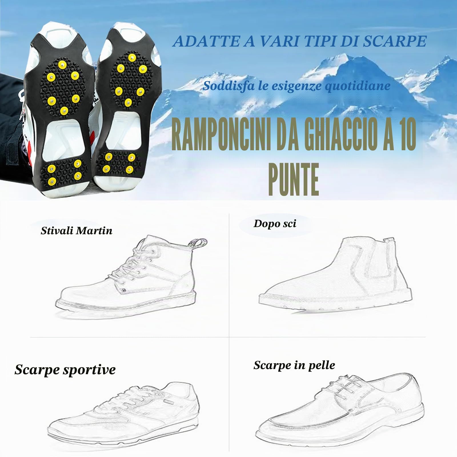 Ramponi per Scarponi,Ramponcini da Ghiaccio Antiscivolo,Neve Ghiaccio Ramponi Tacchetti Spikes per Scarponi da Alpinismo,Scarpe per Ghiaccio Trazione e Outdoor Sci in Inverno 34-47