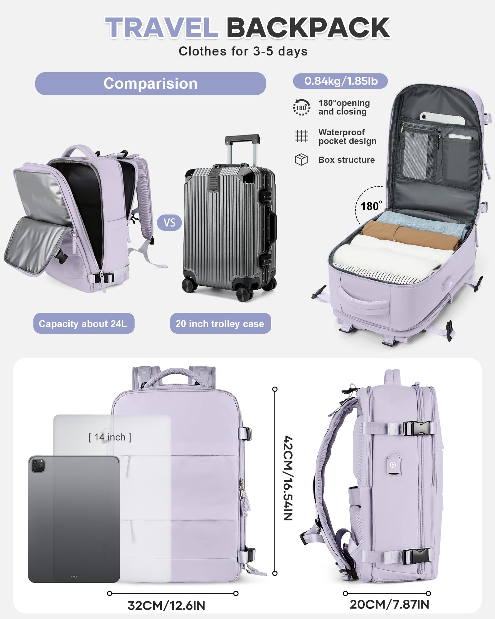 BJLFS Borse da Cabina per Ryanair 40x20x25 Bagaglio a Mano Zaino Borsa Zaino da Viaggio, Zaino da trekking,Zaino Easyjet 45x36x20,Zaino Casual per laptop da 14 pollici per scuola