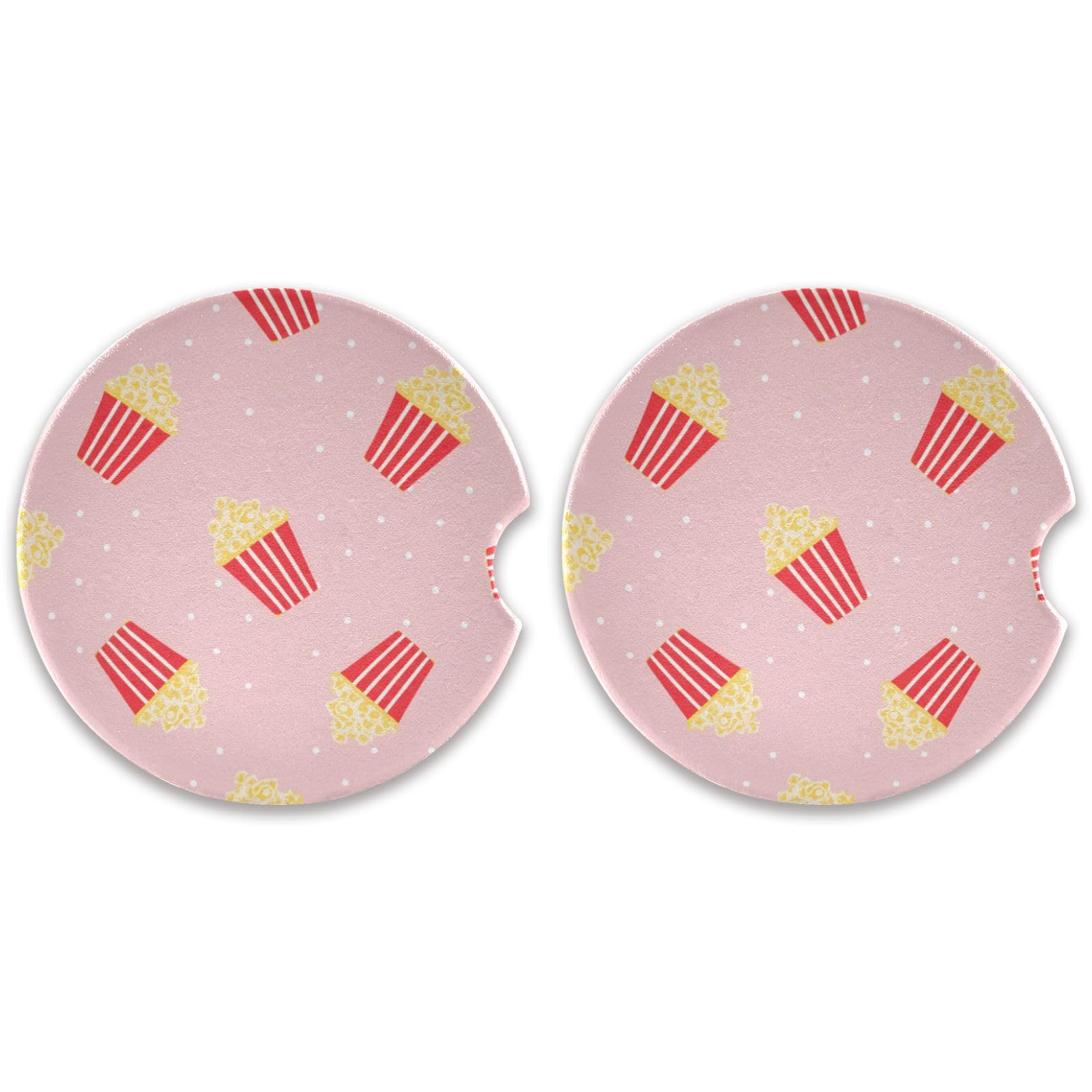 Flradish 2 Pack Popcorn Car Cup Holder Coasters, 2.5 Inch Universal Non-Slip Ceramic Absorbent Coaster with Finger Notch for Vehicle Interior Decor Accessories