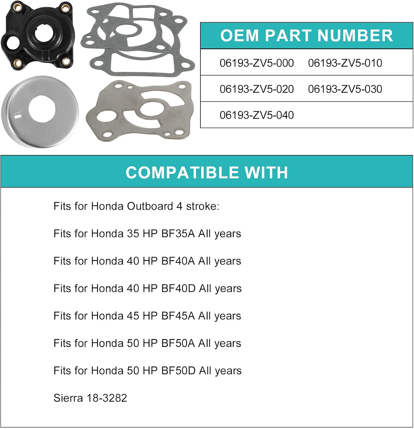 AULINK 06193-ZV5-020 Sea Water Pump Impeller Repair Kit Fits for Honda Marine Outboard 35HP 40HP 45HP 50HP BF35A BF40A BF40D BF45A BF50A BF50D 06193-ZV5-010 06193-ZV5-000 Sierra 18-3282