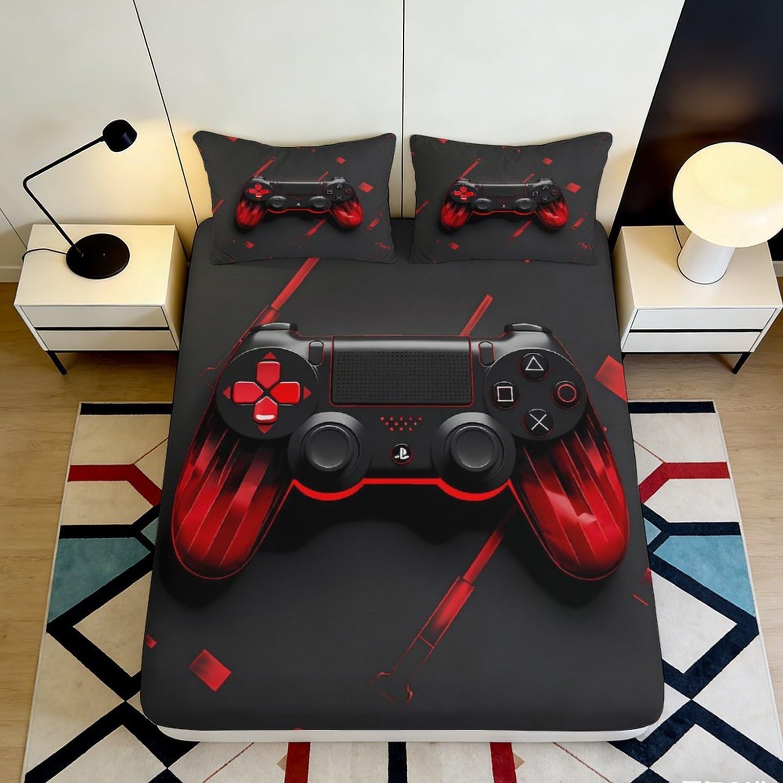 3D Printed Red Gamepad Fitted Sheet Microfiber Soft Breathable Controller Mattress Cover for Bedroom Dorm Decor 90x200x25cm
