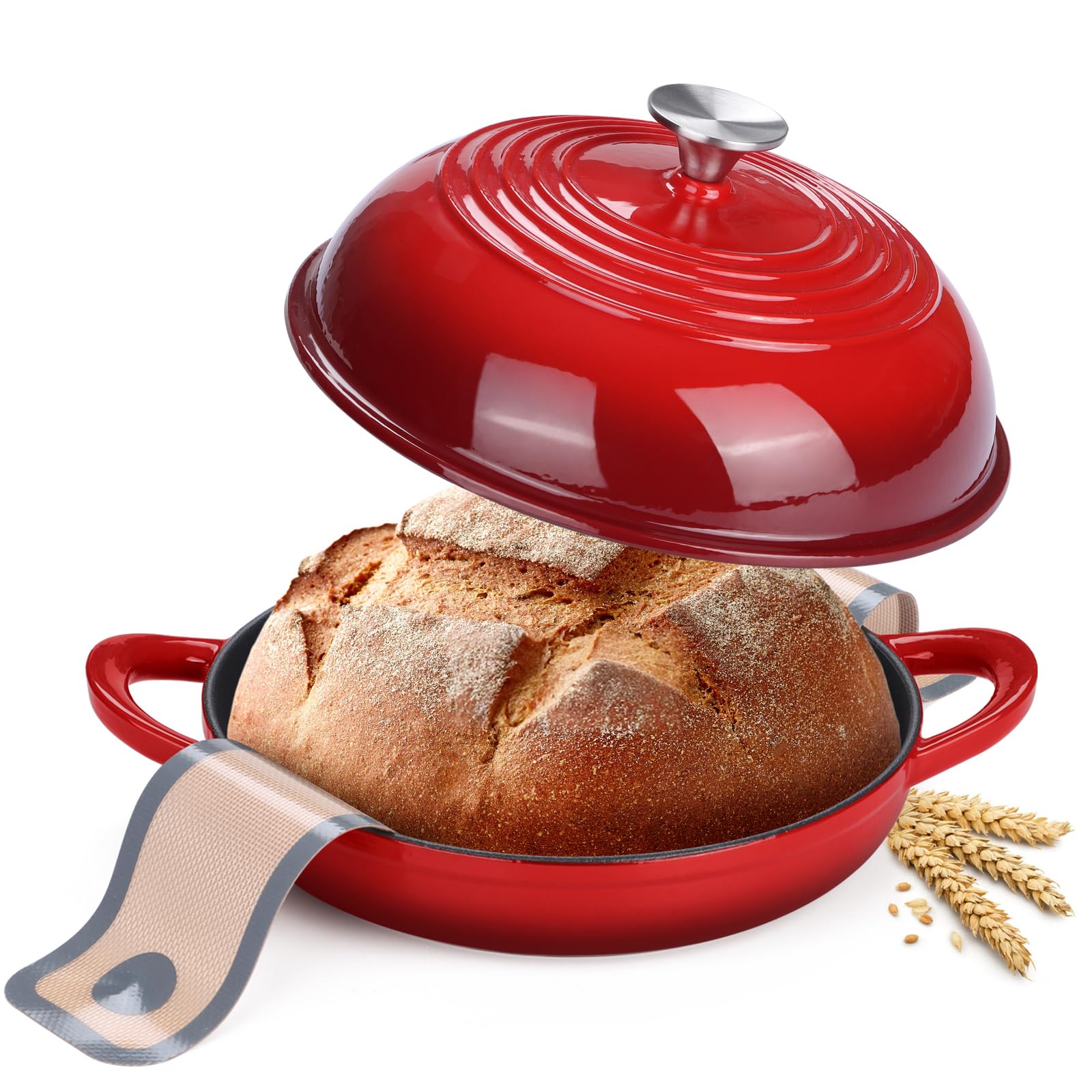 Enamelled Cast Iron Dutch Oven Pot with Lid, Leonyo Dutch Oven for Sourdough Bread Baking, Cast Iron Bread Oven with Non Stick Silicone Baking Mat for Cooking, 6 Quart, Red