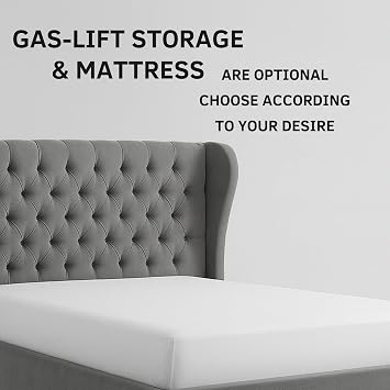 Atomic Sleep Luxury Chesterfield Wingback Bed Frame - Upholstered in Plush Velvet Fabric with Mattress/Gas Lift Option - UK Made (Steel Plush, Kingsize 5ft with gas lift storage)