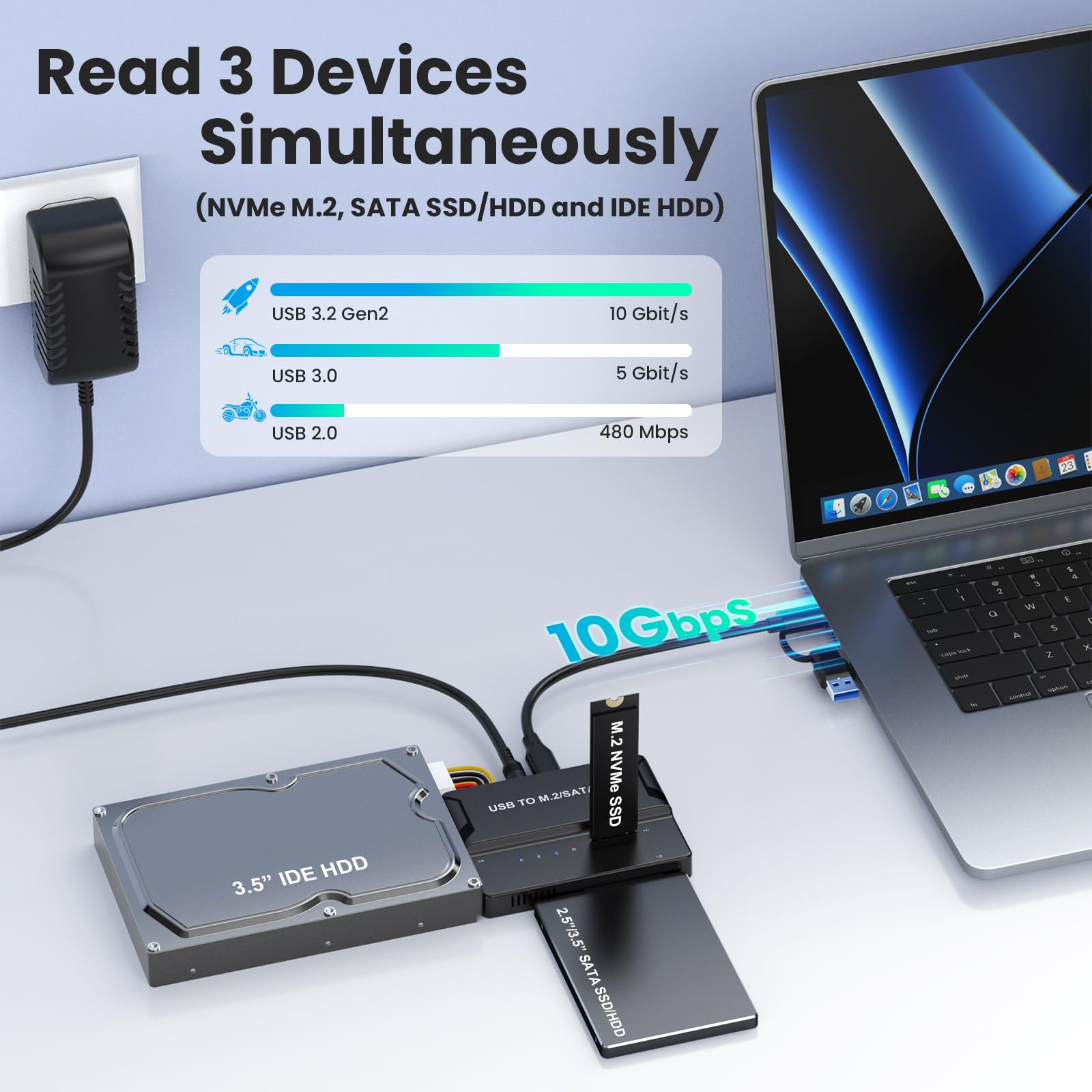 Enclosure universale 3 in 1 per disco rigido, adattatore USB 3.2 10Gbps Type-C per NVMe M.2 (2230-2280), HDD SATA e IDE da 2,5"/3,5", lettore SSD esterno per unità IDE da 3,5"