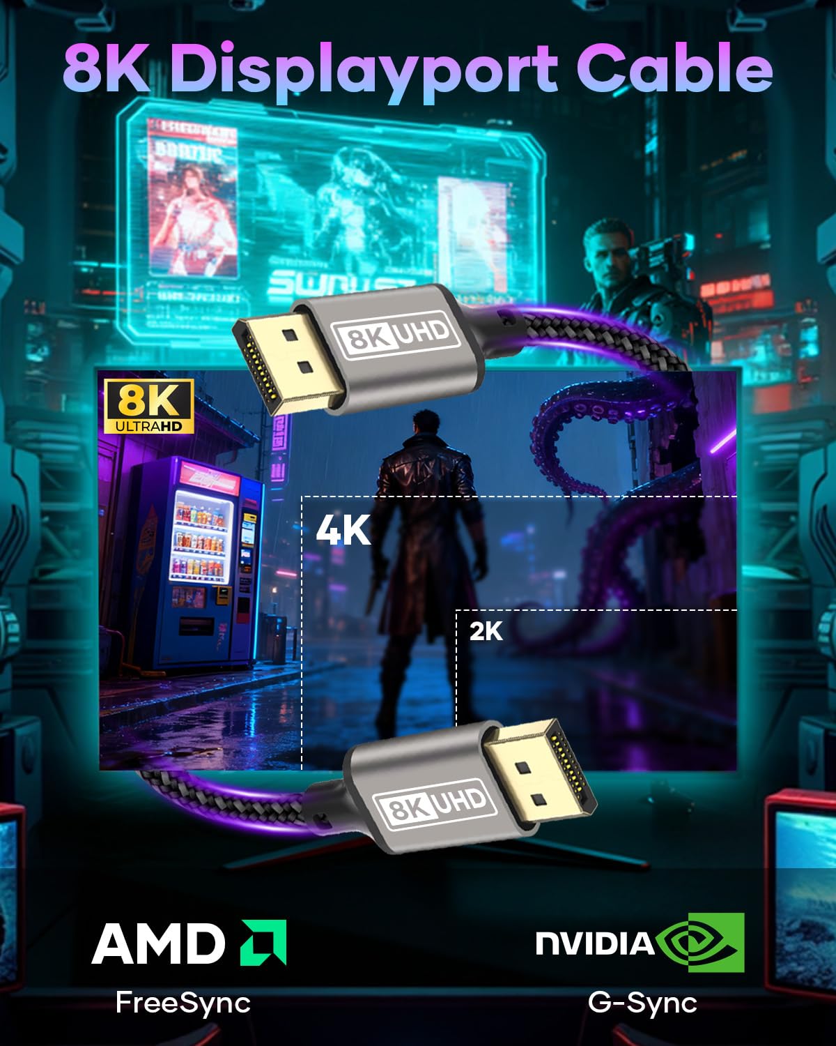 8K Câble DisplayPort 1.4, Câble DP 8K@60Hz, 4K@144Hz, 2K@240Hz, 32,4Gbps, HDCP2.2, HDR, FreeSync, G-Sync Compatible avec Moniteur Gaming, PC, Carte Graphique-1M