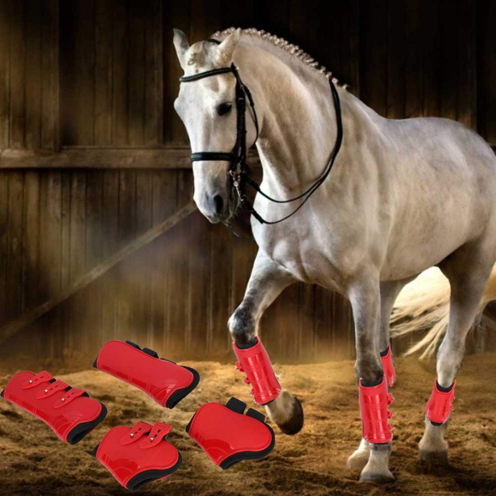 JUNWU Horse Tendon Boots, Adjustable Horse Riding Equipment Fore Hind Leg Boots Set of 4 Horse Riding Leg Guard for Protecting Legs(A Set of red Front and Rear, Universal Tuba)