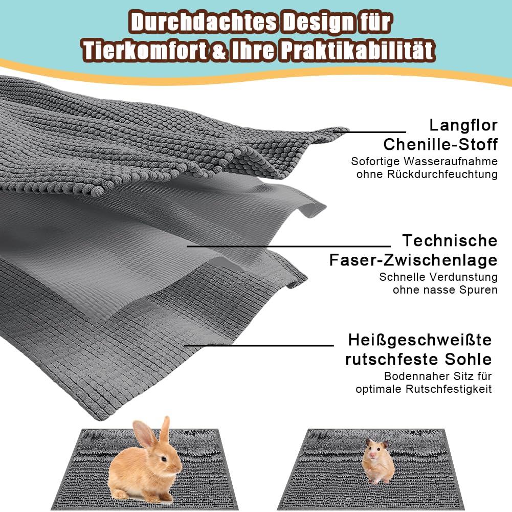 3 Stück Meerschweinchen Unterlage aus Chenille-Stoff 60x40cm, Saugfähige Pipipads mit rutschfester Unterseite, Waschbare Kleintierunterlage für Hamster Kaninchen Chinchilla, schmutzabweisendes