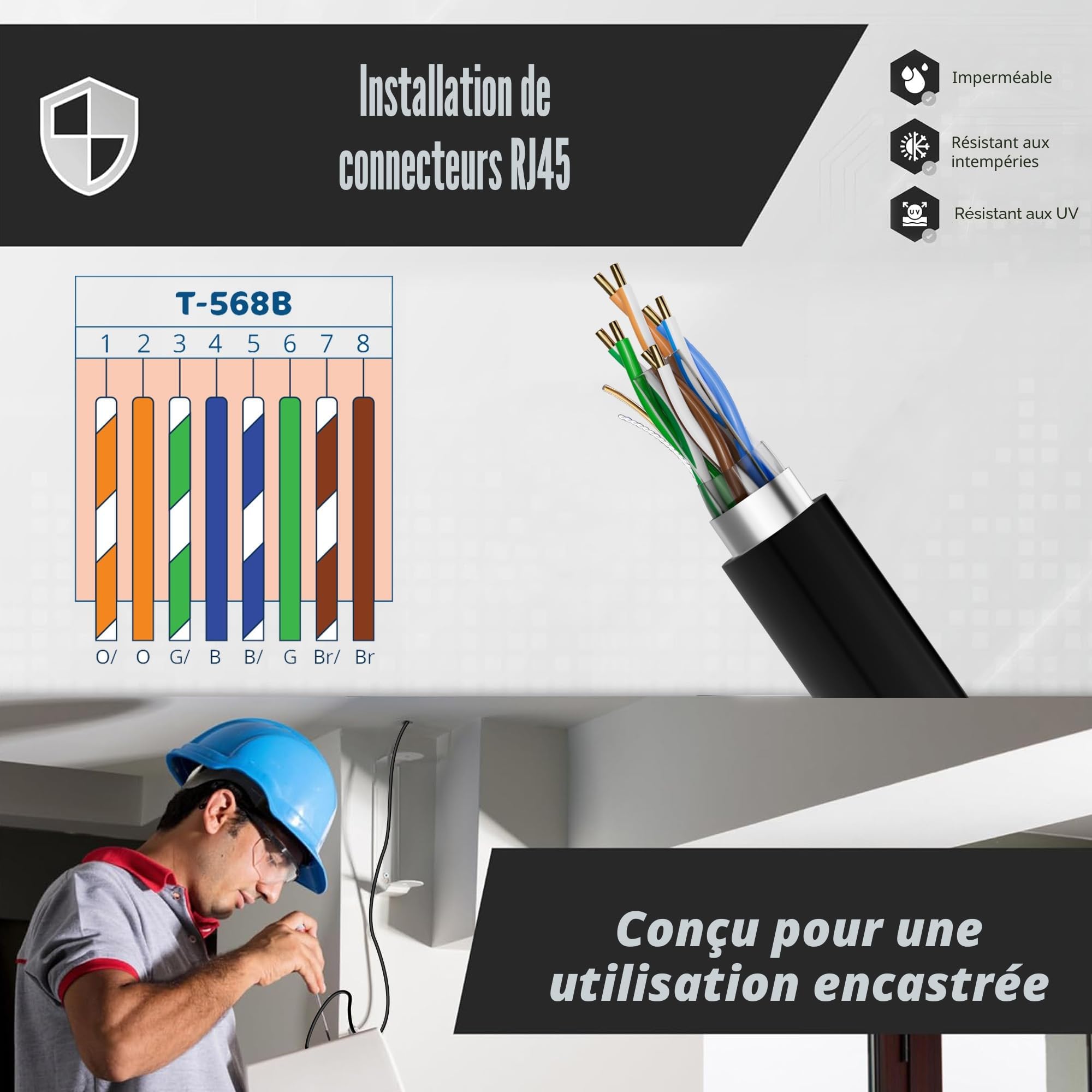 MEIPEK Cable Ethernet 100m, Cat 6 Rj45 Blindé Gigabit Câble Réseau Extérieur Anti-Brouillage Résistant aux Intempéries Cable Internet Noir FTP 23AWG 100 Mètres Fil Lan pour Modem Routeur