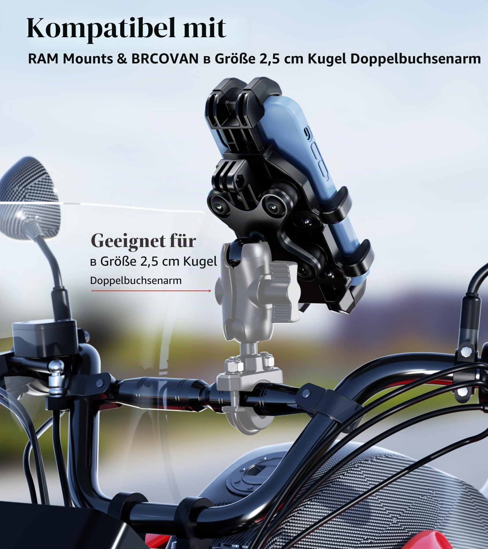 BRCOVAN 1'' Kugel-Motorrad-Handyhalterung mit Vibrationsdämpfer, verstellbare Handyhalterung für ATV UTV Bike Scooter, kompatibel mit RAM Mounts B-Größe Doppelsockelarm, für 5,4''-7,2'' Smartphones