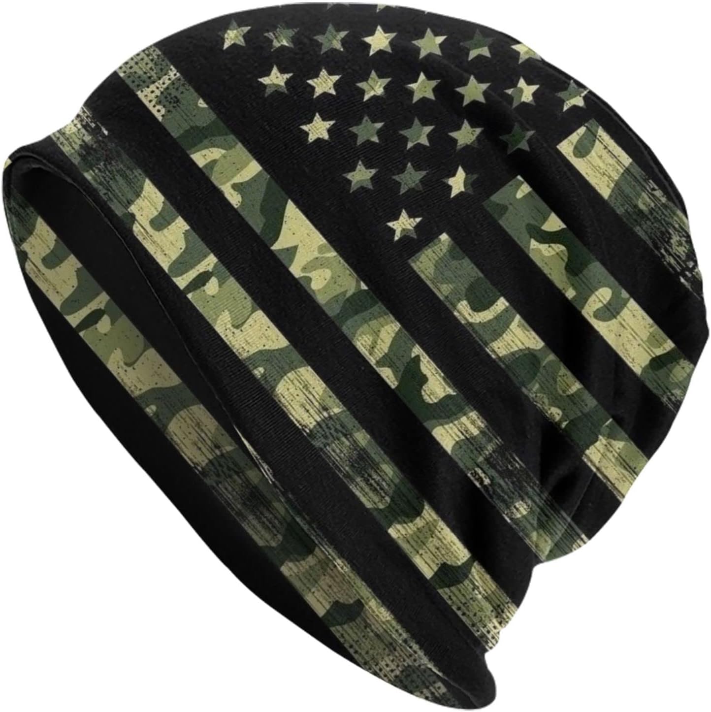 LAIPUTER American Flag Camo Beanie Standard Closed Chemo Hat Cancer Headwear Knitted Hats Baggy Slouchy Cap for Adults Women Men